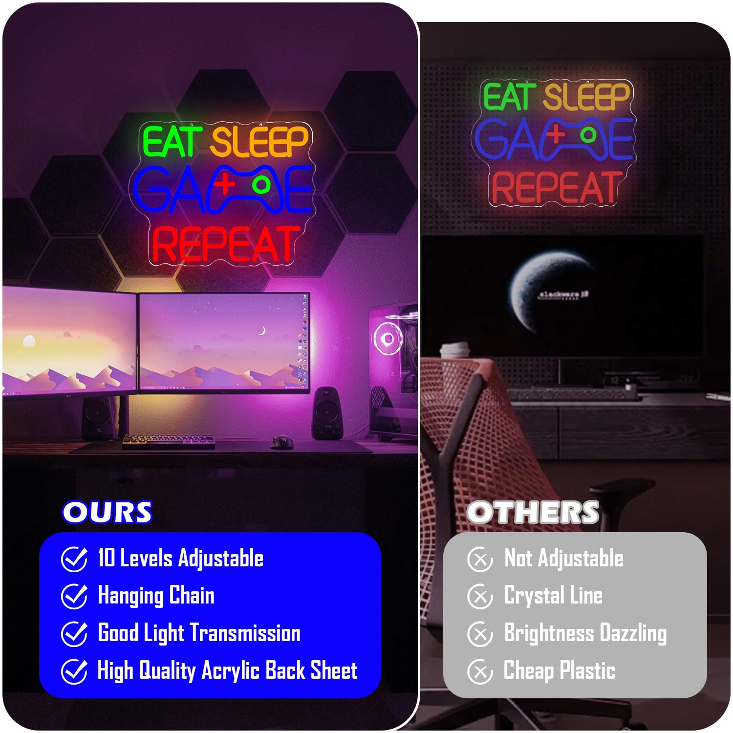 Eat Sleep Game Repeat Insegna al neon da gioco LED per la stanza dei ragazzi alimentata tramite USB, cartello decorativo per uomo, grotta, bar, camera da letto, sala giochi, arte da parete al neon per