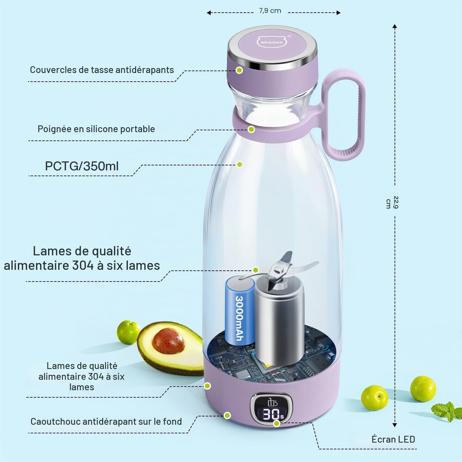 Mixeur portable, MIAOKE, tasse de jus avec 6 lames pour jus, milkshakes et smoothies, mini mixeur de 350 ml avec affichage LED, rechargeable par USB, batterie rechargeable de 3000 mAh, pour la maison