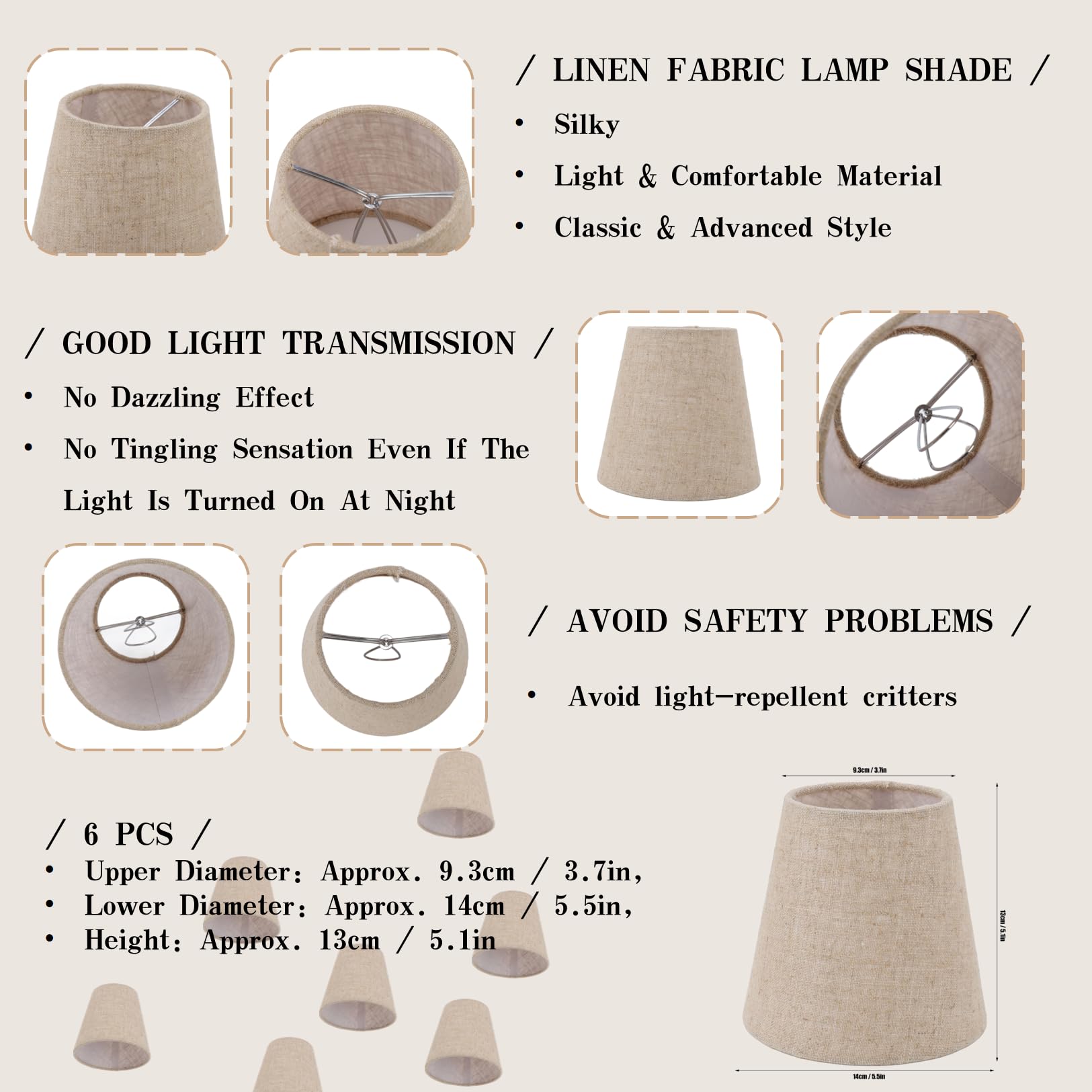 Lot de 6 petits abat-jours à clipser sur tambour en tissu de lin pour ampoules bougies Accessoires d'éclairage