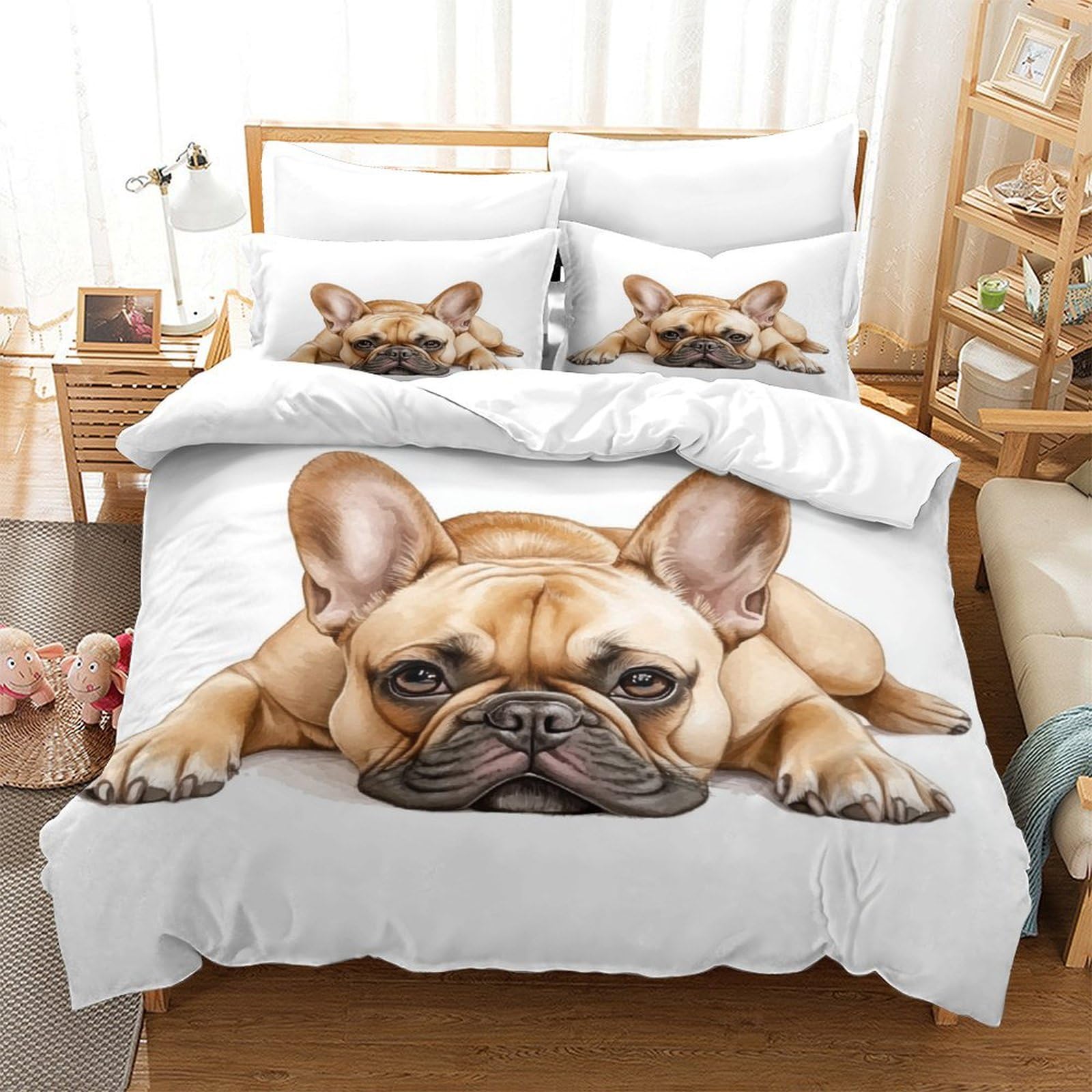 XPASHIQWC FRENCH BULLDOG 3 Pieces 3D Printed Comforter Cover Cute Dog Microfiber With Zipper Closure for Modern Bedroom Decor Double（200x200cm）