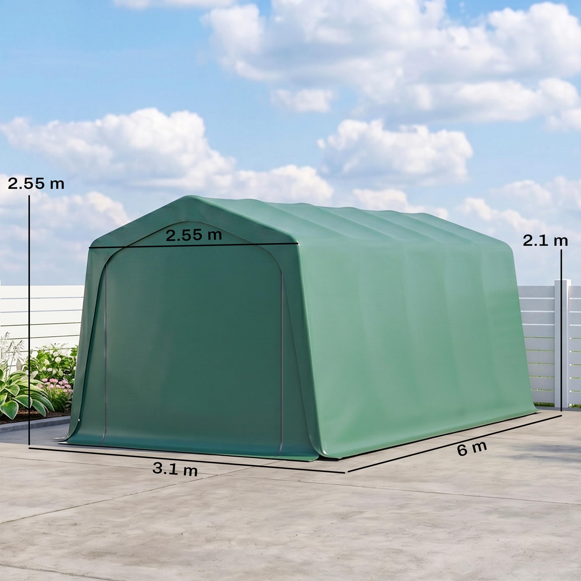 Outsunny Tendone Garage per Auto 6x3.1m in Acciaio e PVC con Ingresso a Doppia Cerniera e Picchetti, Verde Scuro