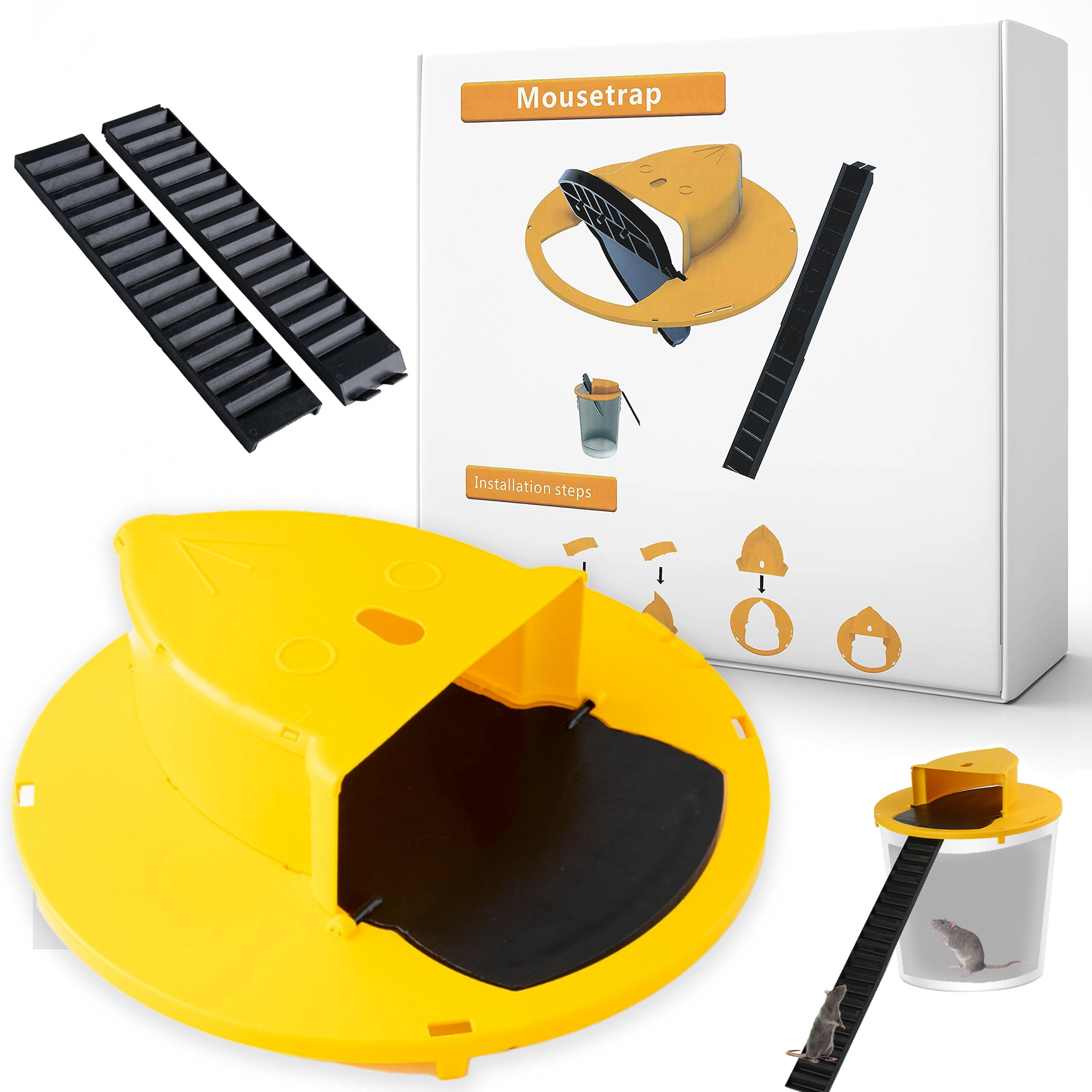 Trappole per Topi Vivi con Coperchio Giallo, Compatibile con Secchio da 5 Gallon, Pieghevole con Inclinazione e Reset Automatico