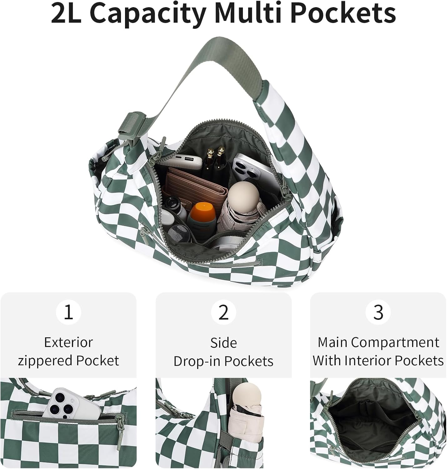 FODOKO Crescent Shoulder Bag for Women Checkered Purse Small Cute Clutch Hobo Handbags Nylon Quilted - Image 4