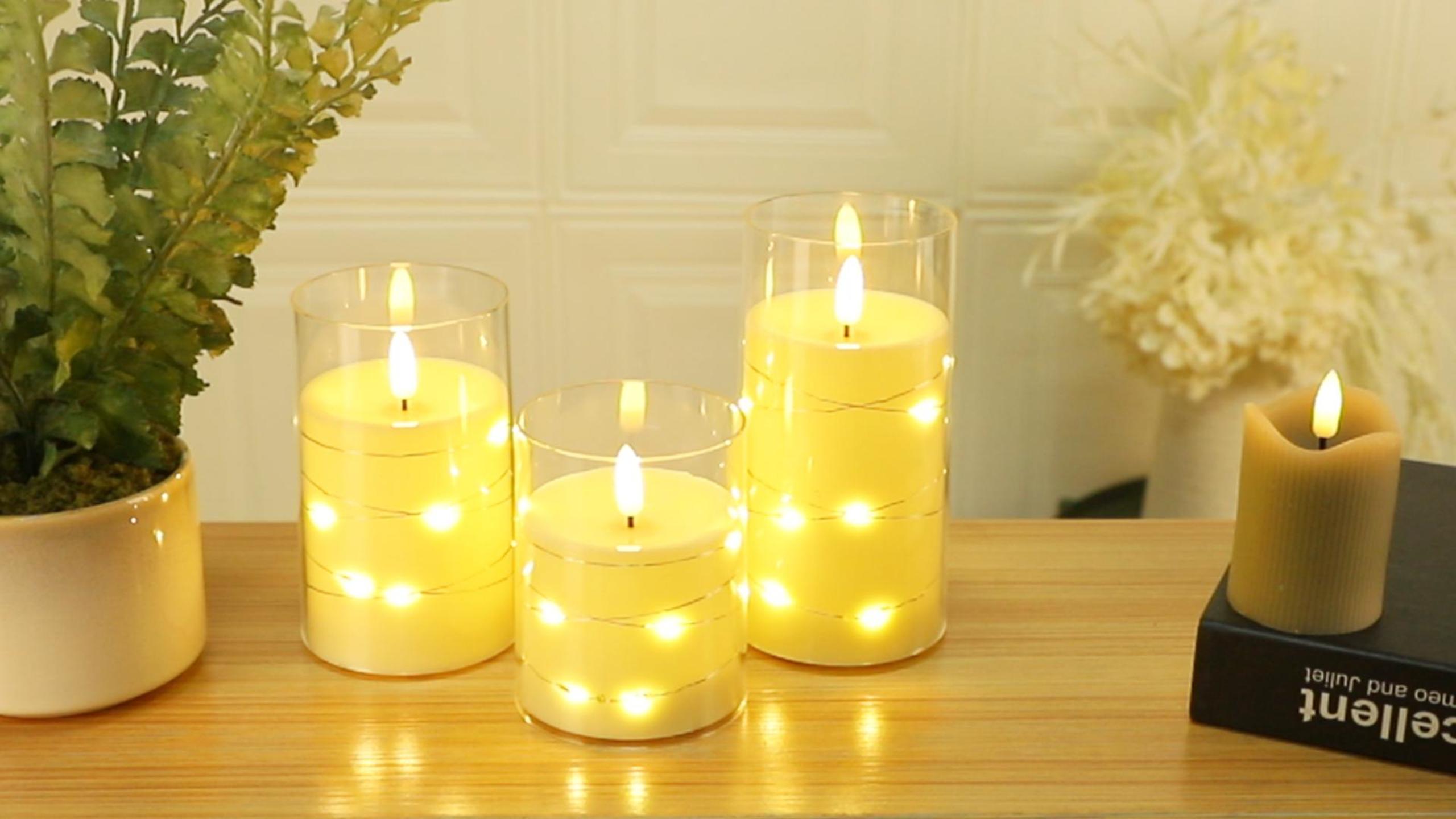 Image of White Flameless Candles with String Lights, Set of 3 | Acrylic Shell, Embedded Fairy Lights, Remote 2 /4 /6 /8H Timer, Battery Operated LED Pillar Candles