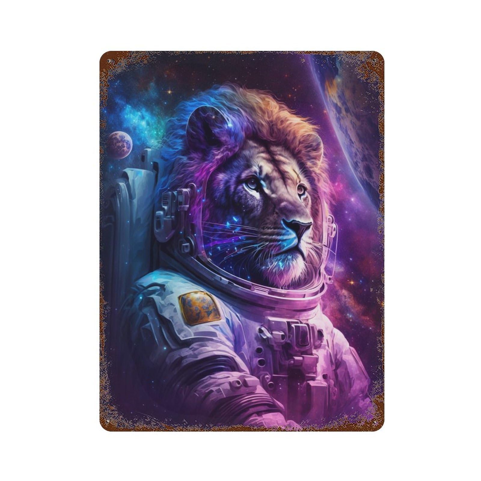 Lion Astronaut in Space Rust Effect Tin Sign 15.7"x11.8", Retro Wall Decor for Pub, Kitchen And Man Cave Decor