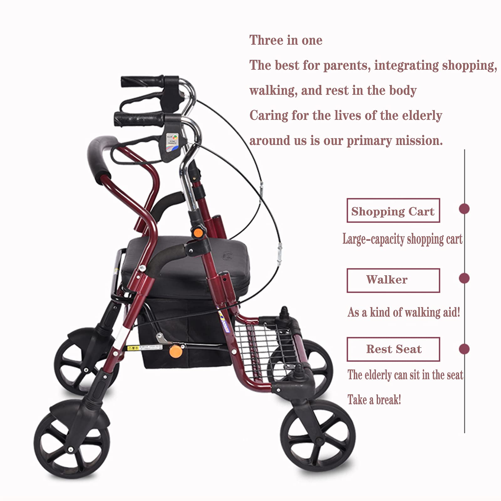 Andadores Rollator Plegables, Andador portátil plegable de aluminio con asiento y cesta de compra de 4 ruedas for personas mayores, capacidad de 100 kg