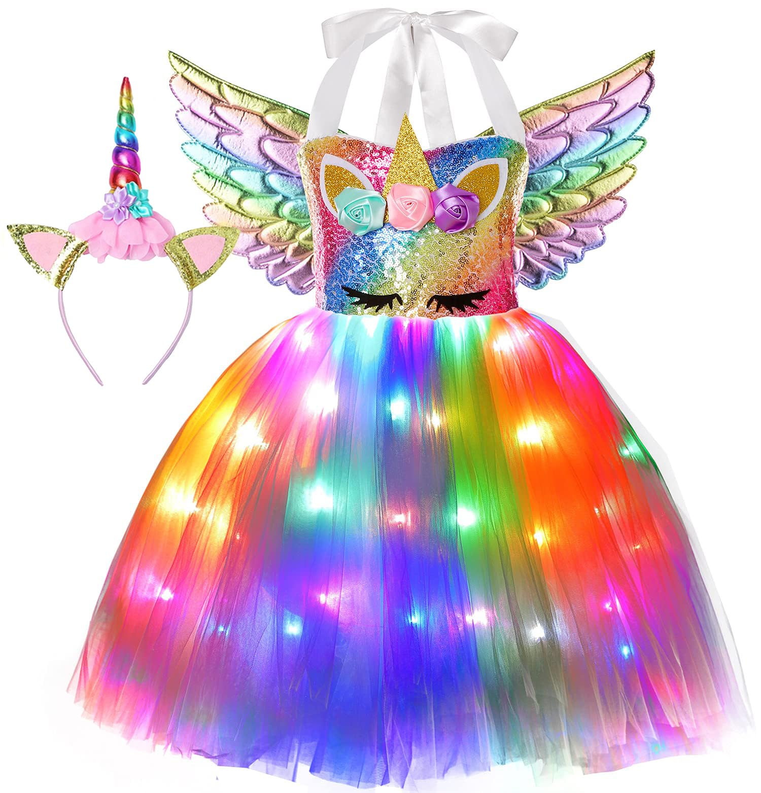 Cuteshower Unicorn Tutu Costume for Girls Halloween LED Light Unicorn Dress Birthday Party Outfit Princess Dress with Wings