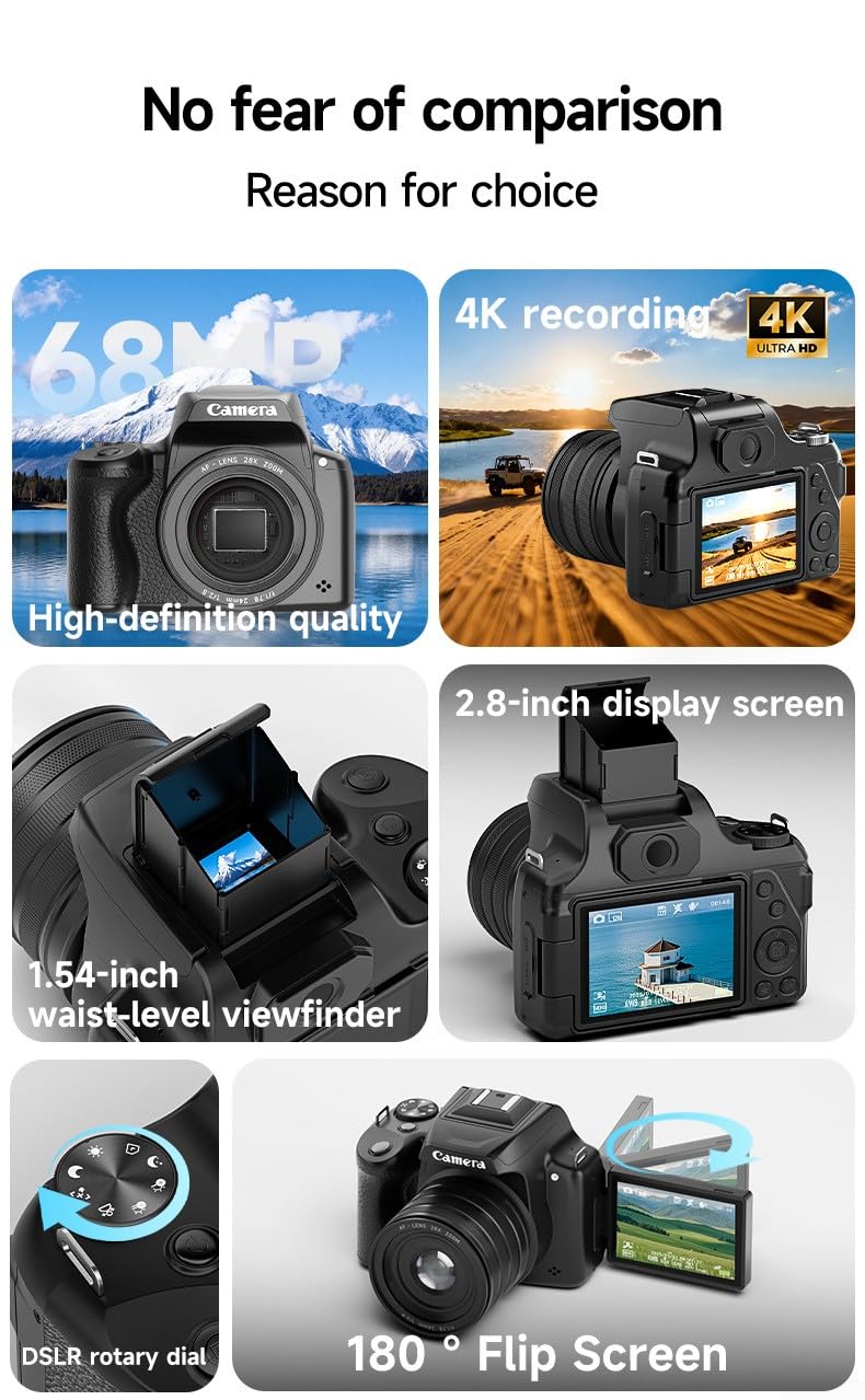 Cámara digital de 68 MP, con zoom digital de 28X y grabación de video 4K, pantalla abatible de 2.8 pulgadas de 180° para vlogging, selfies y fotografía de viajes (C)