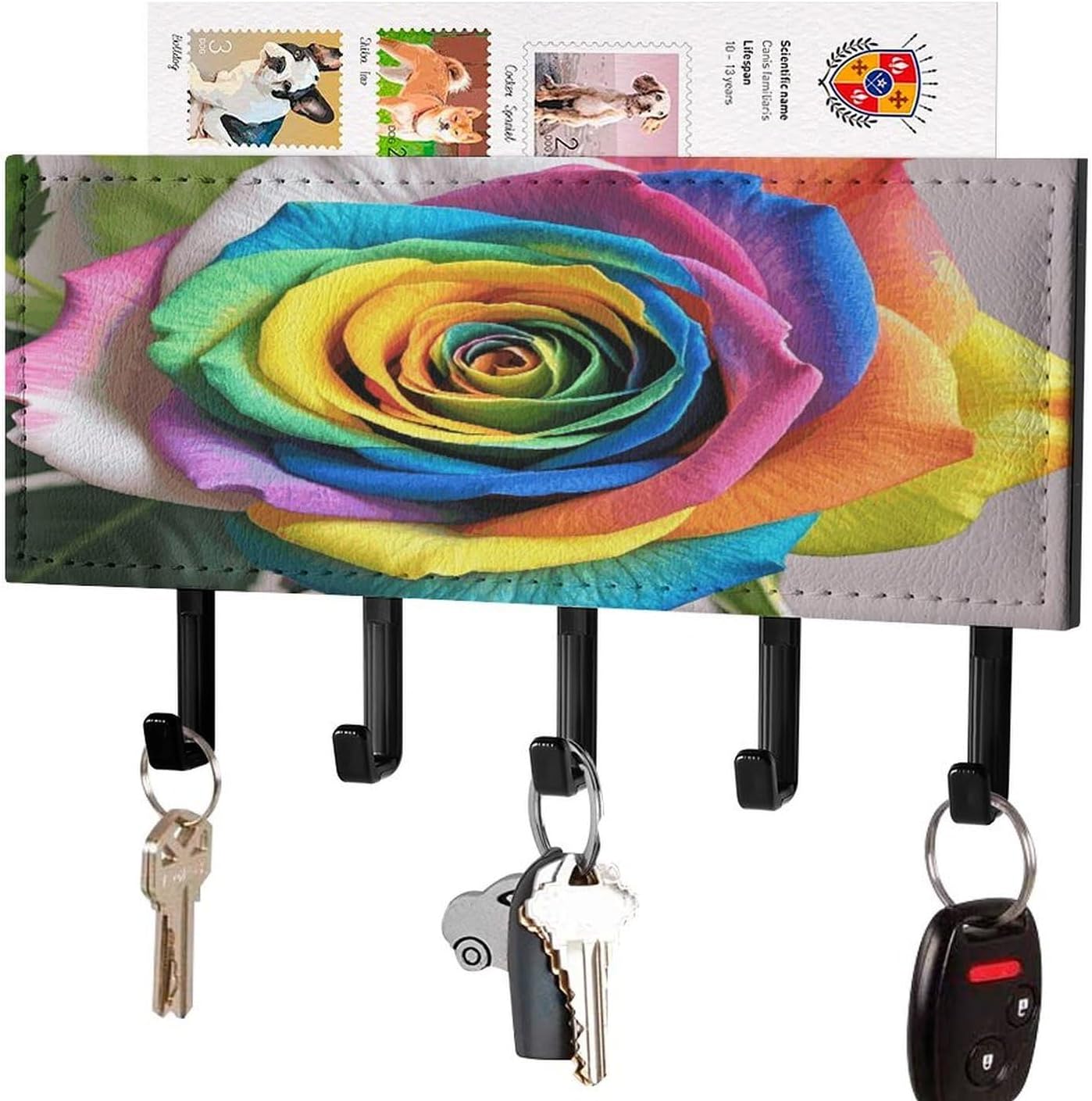 Key Holder Wall Mount Key Hanger with 5 Hooks, Decorative Key Rack | Rainbow Rose Hanging Key Hooks with Mail Organizer for Wall Living Room Kitchen Bathroom Hallway
