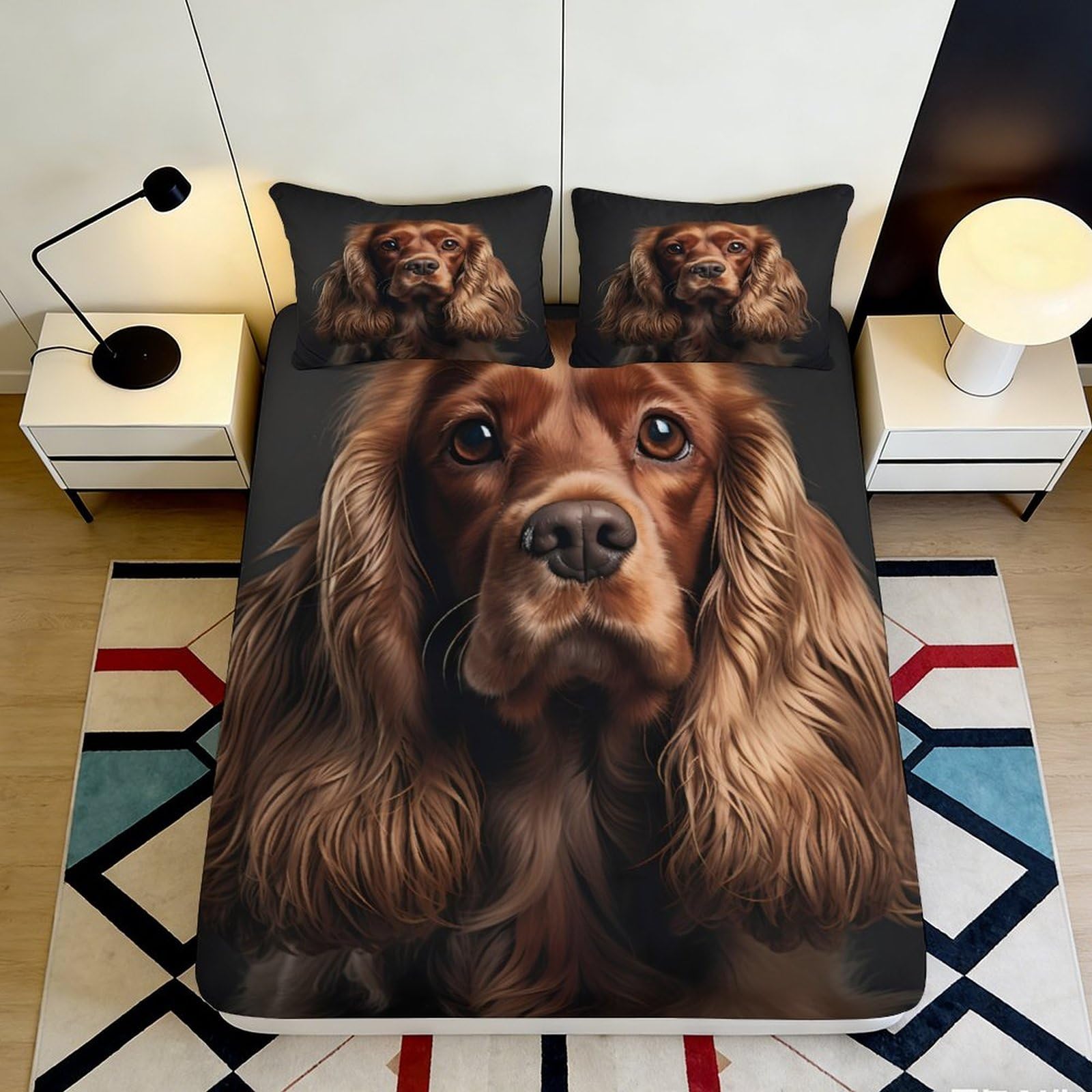 3D Printed Brown Cocker Spaniel Dog Fitted Sheet Microfiber Anti-Slip Bed Cover for Bedroom Guest Room Decor 160x200x25cm