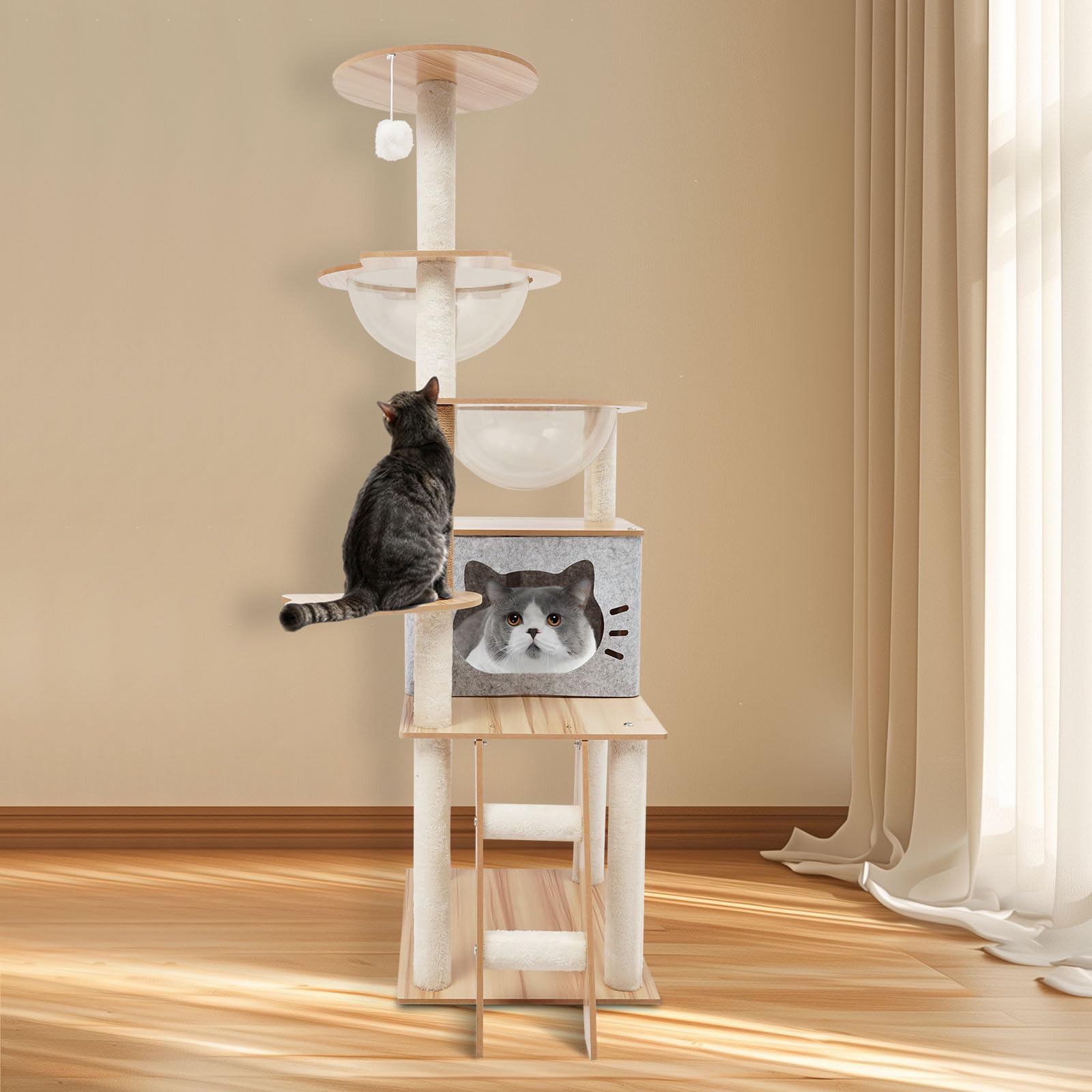 Rascador de madera, moderno árbol rascador para gatos con cueva para gatos, 50 × 40 × 135 cm, rascador para gatos grandes, estable, para 3-4 gatos pequeños y grandes, hasta 10 kg, gris