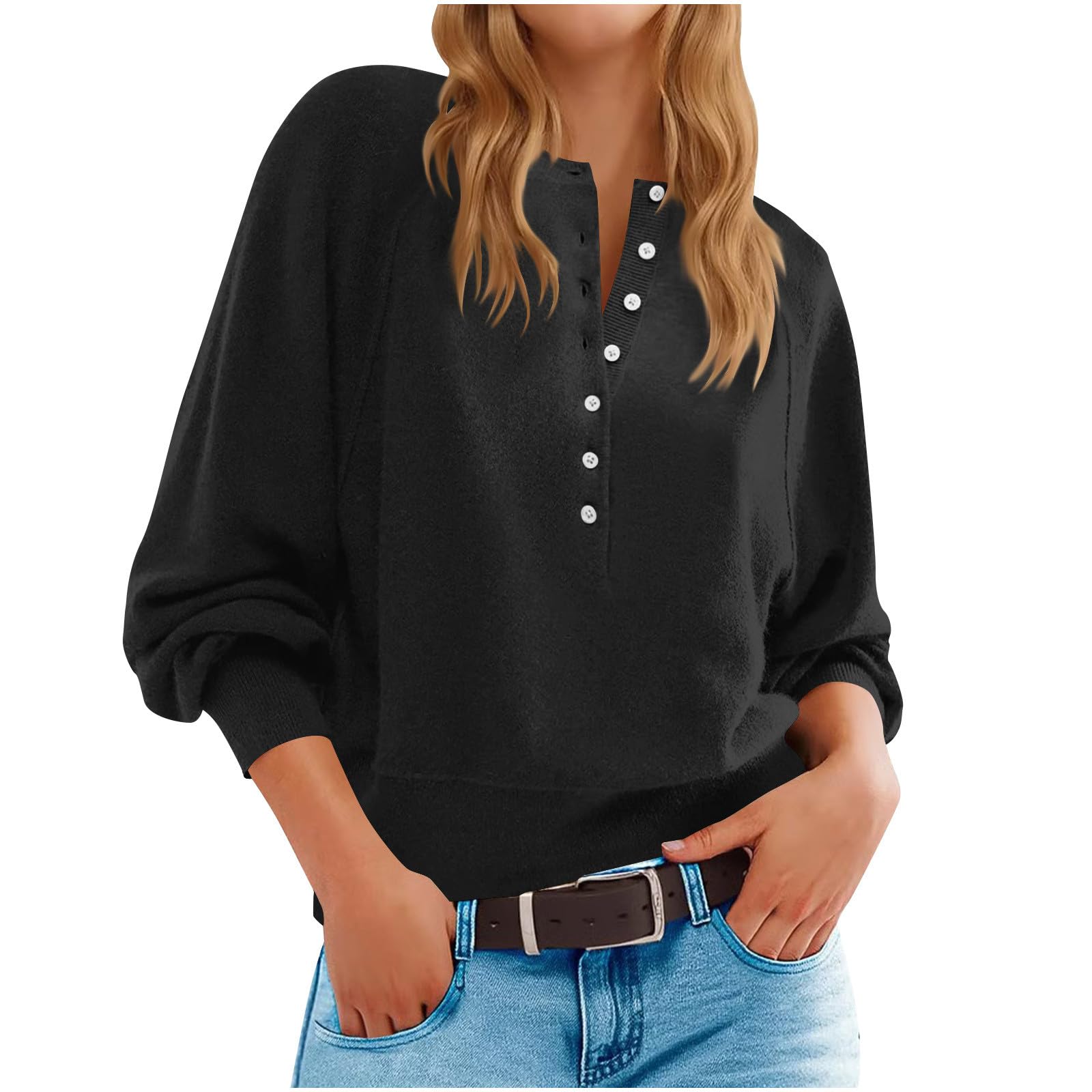 Womens Button Shirts Crew Neck Fall Long Sleeve Henley Sweater Loose Knit Pullover Tops Lantern Sleeve Sweaters