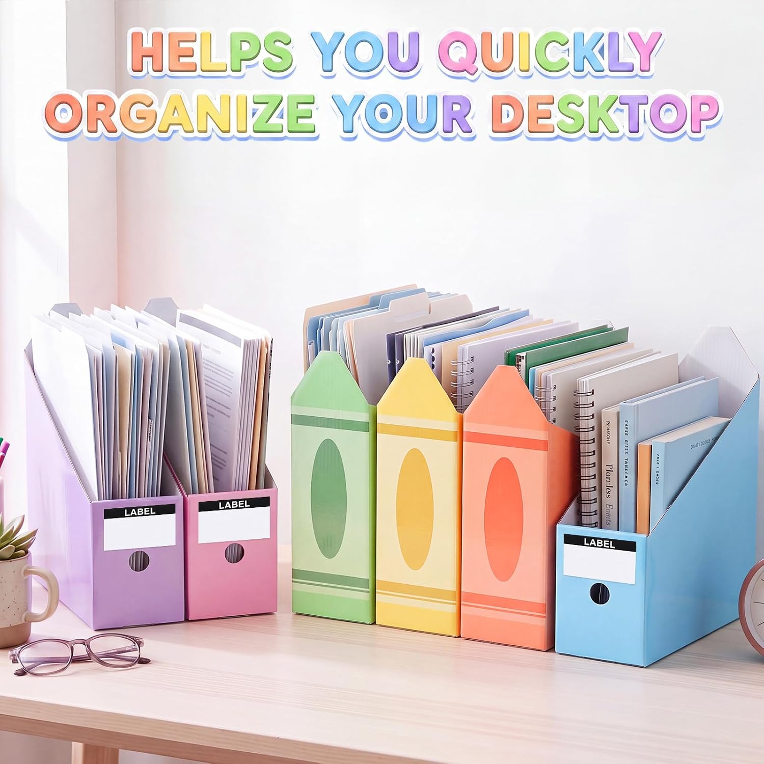 6 Pack Crayon Cardboard Magazine File Holders for Classroom | Pastel, Book Bins for Classroom, with Label Stickers, Magazine File Storage Box, Back to School Gift, Organizer Box, Office