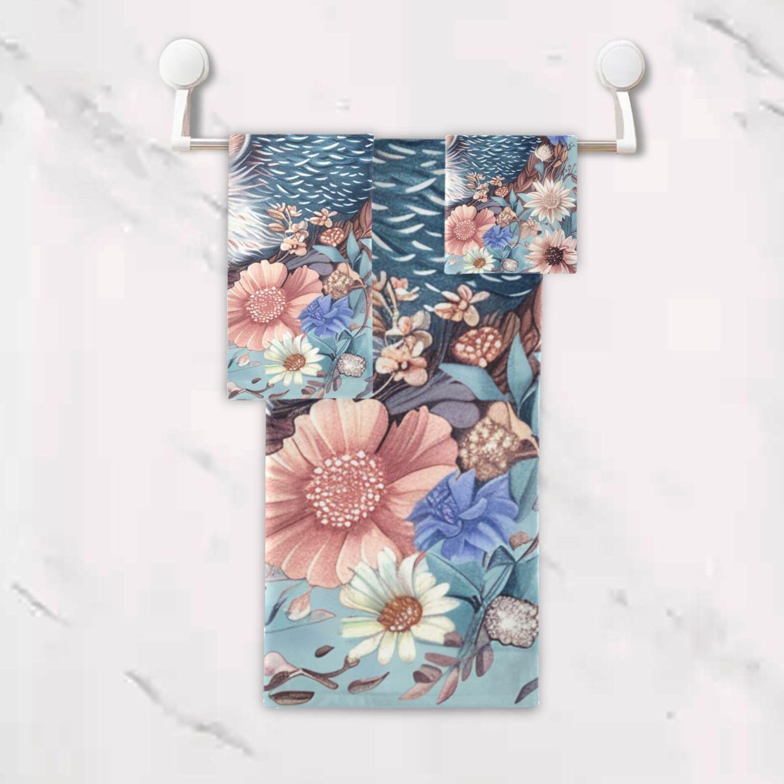 Set di 3 asciugamani morbidi in stile bohémien con fiori e ricci, 1 asciugamano da bagno, 1 asciugamano per le mani, 1 panno per la casa, cucina e famiglia