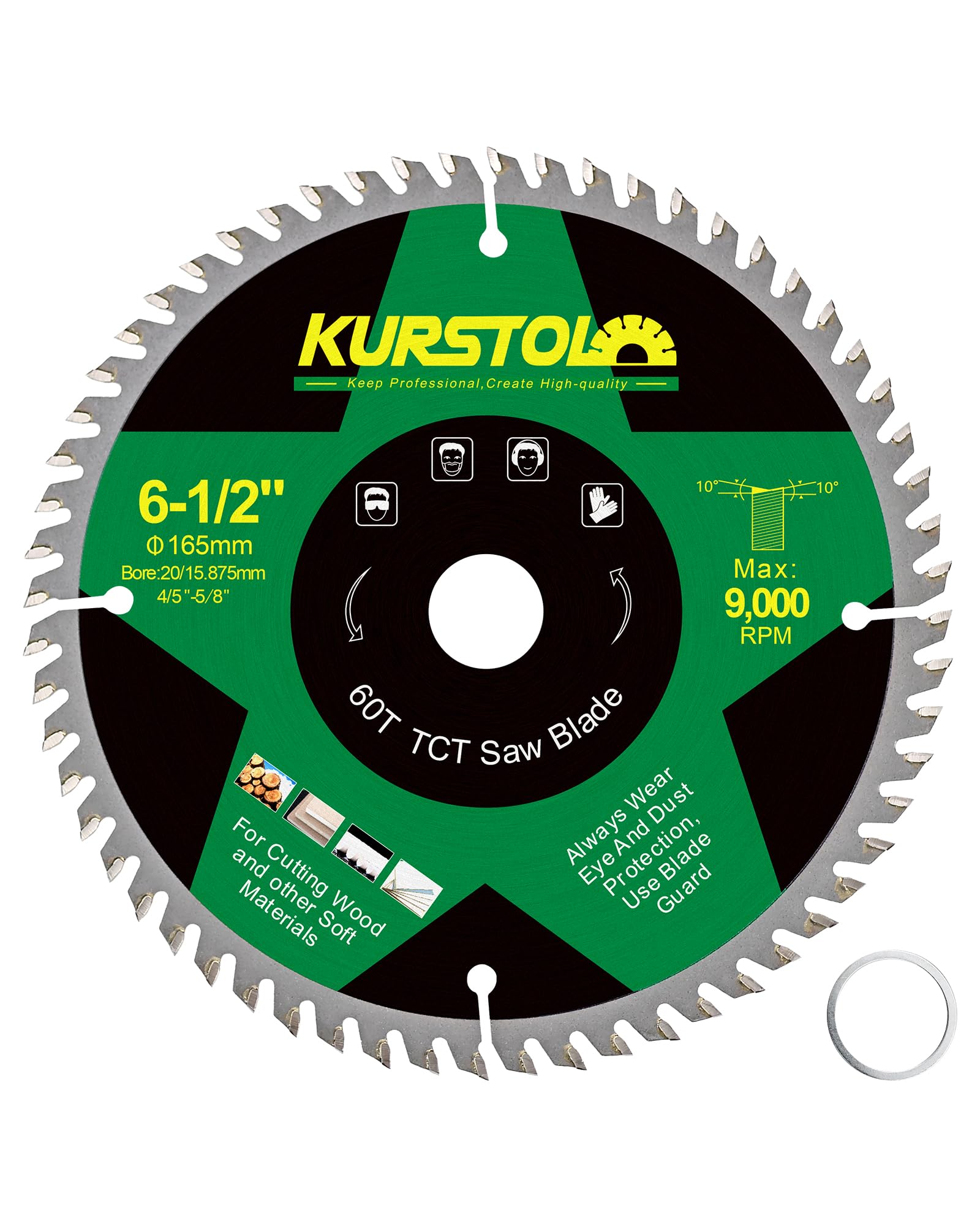 KURSTOL Wood Circular Saw Blade - 165 x 20mm 60 Tooth TCT Cutting Blade for Wood, Plastic, Plywood, Particle Boards, Multilayer Boards