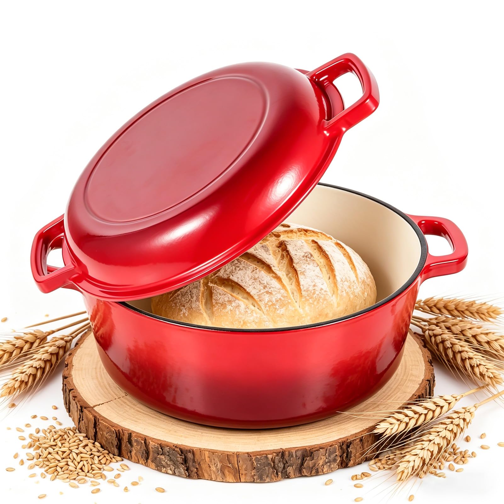 Gusseisen Topf Brot Backen, 5,7L Bräter Emaille Schmortopf mit Deckel und Griffen, 26 cm Dutch Oven, Brotbacktopf für Selbstgemachte mit Zwei-in-Eins-Emaillebeschichtung
