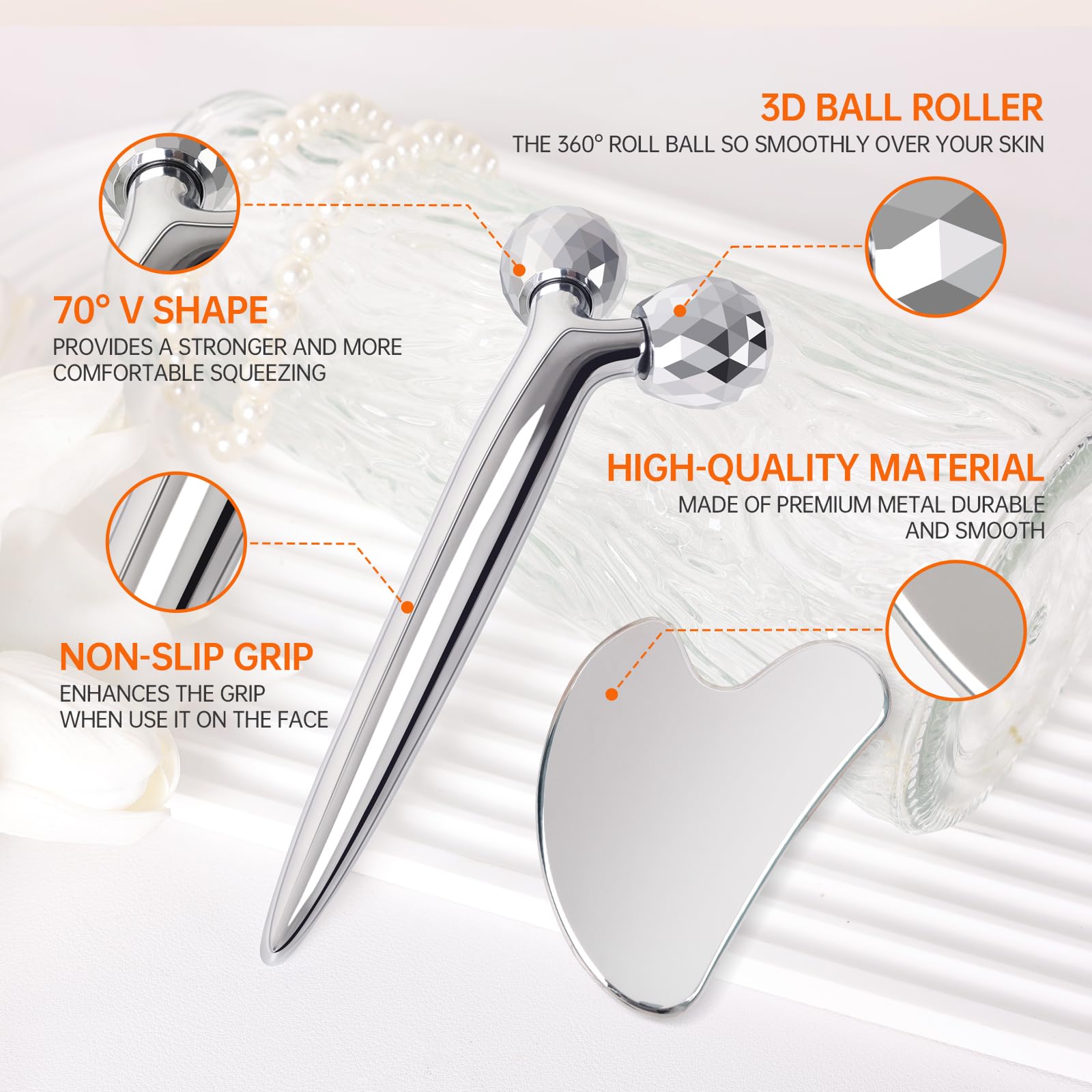 InfiniteRelax 3D Gua Sha Facial Tools Metal Face Roller Stainless Steel Gua Sha Set Cooling Massage Tools for Reduce Puffiness Firm Skin - Image 3