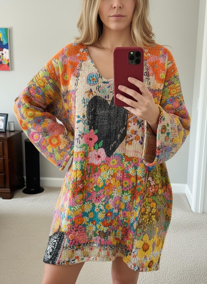 TIAFORD Boho V Neck Oversized Dress for Women 2026 Spring Multicolor Abstract Floral Printed Loose Long Sleeve Tunic Tops
