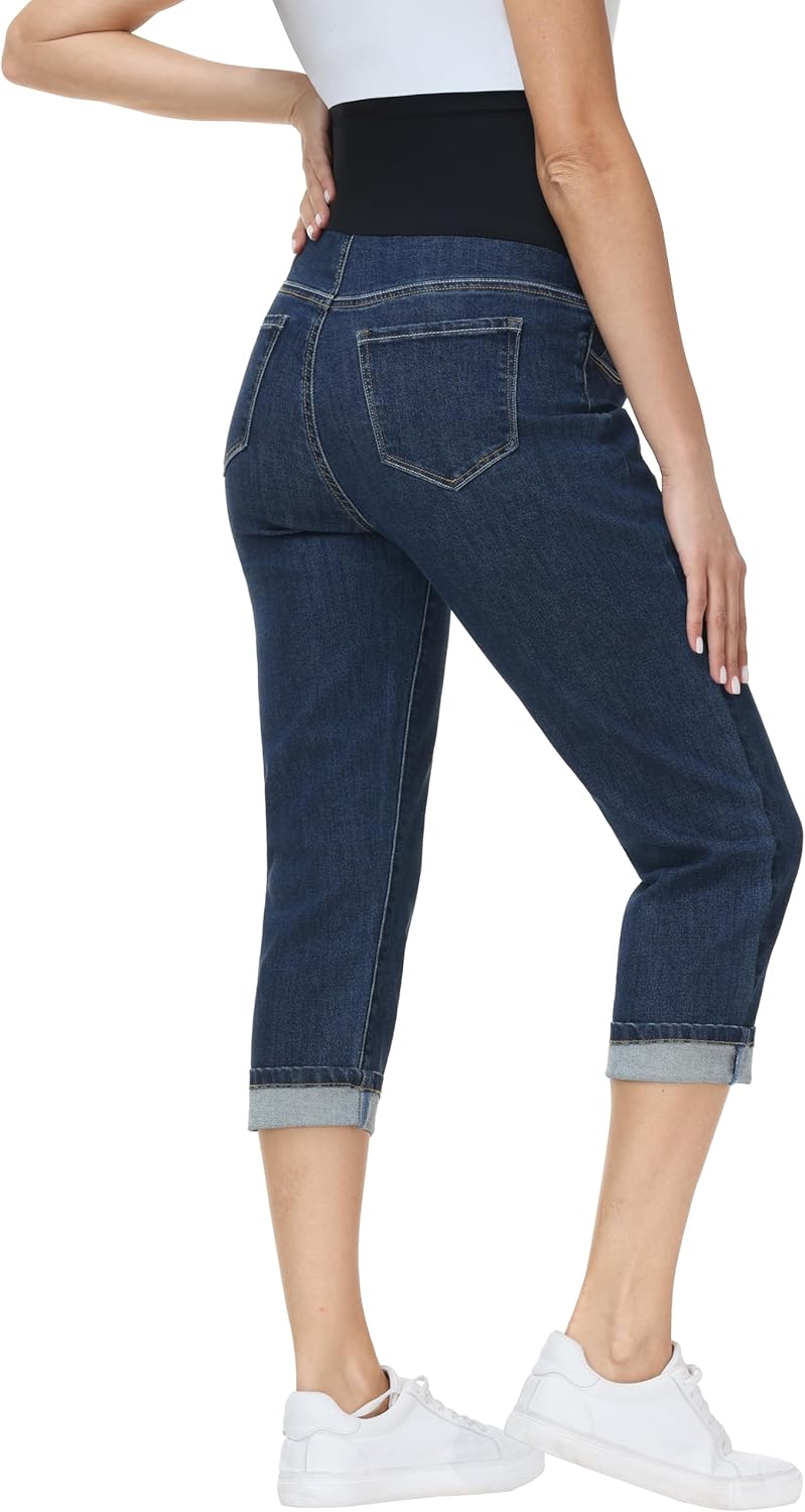 V VOCNI Women's Maternity Jeans Capri Over Belly Cuffed Denim Capris Pregnancy Cropped Pants with Pockets Vintage Dark Blue Medium
