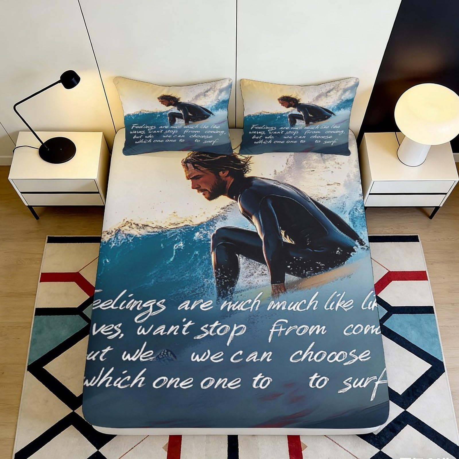 3D Printed Surfer Ocean Wave Fitted Sheet Microfiber Soft Breathable Beach Sunrise Mattress Cover for Bedroom Dorm Decor 90x200x25cm