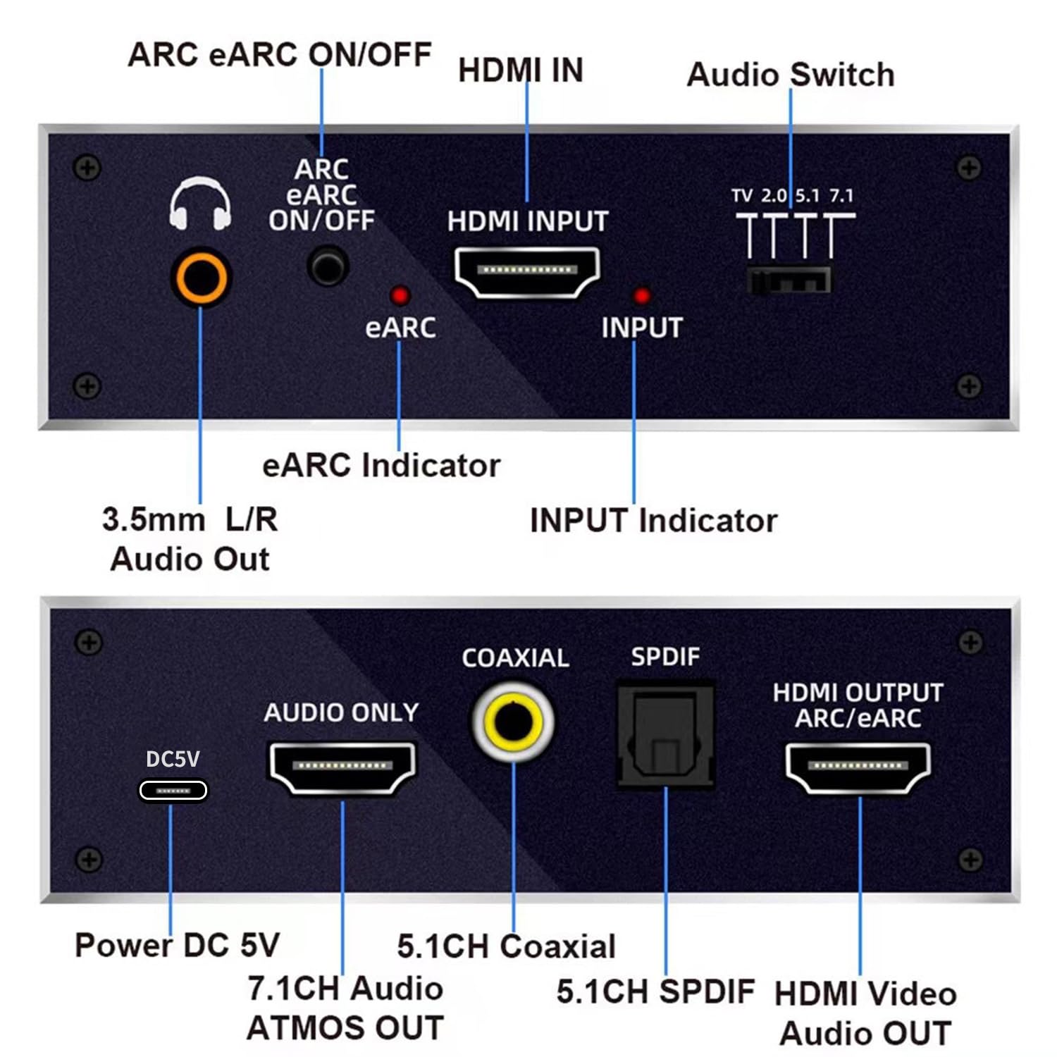 Extractor De Audio HDMI 2.1, Divisor De Extractor De Audio 4K 60 Hz, Óptico + Conector De Audio De 3,5 Mm + Coaxial + Audio HDMI De 7.1 Canales Compatible Con Función ARC Y EARC, Para Cine En Casa