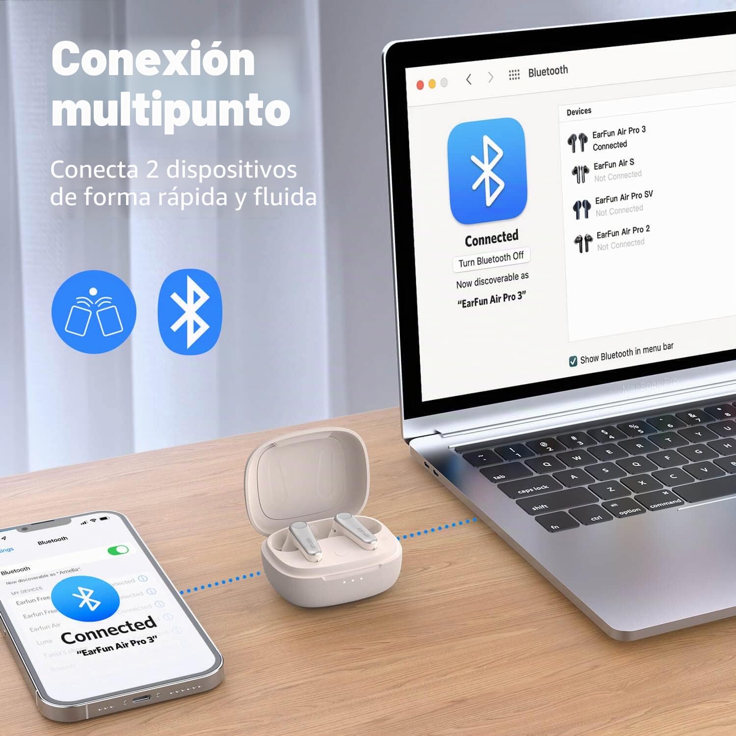 EarFun Air Pro 3 Auriculares con Cancelación de Ruido, Qualcomm® aptX™ Adaptive, 6 Micrófonos CVC 8.0 ENC, Bluetooth 5.3, Conexión Multipunto, 45H de Autonomía, EQ en App, Carga Inalámbrica, Blanco