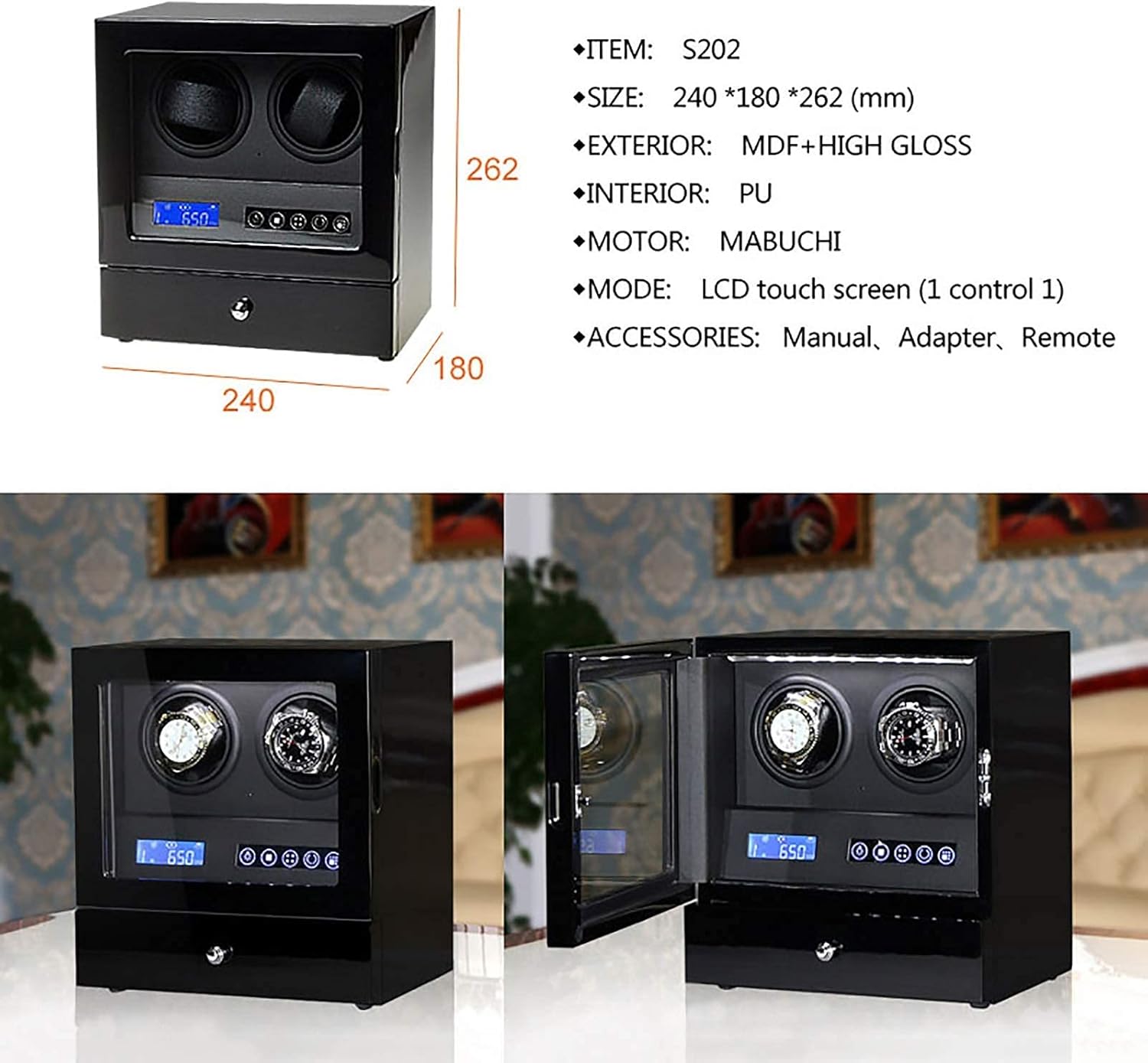 Watch Winders 2-Slots Automatic Watch Winding Box Mechanical Watch Antimagnetic Shaker LCD Control Vertical Rotating Wat