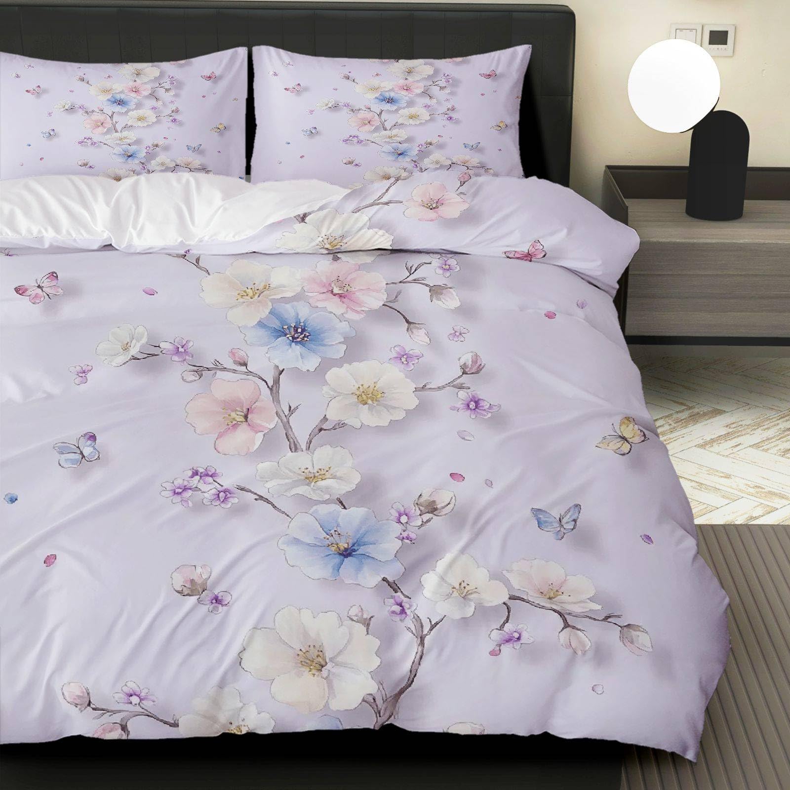 Parure de lit 3 pièces floral et papillons pastel avec housse de couette 155x220 cm