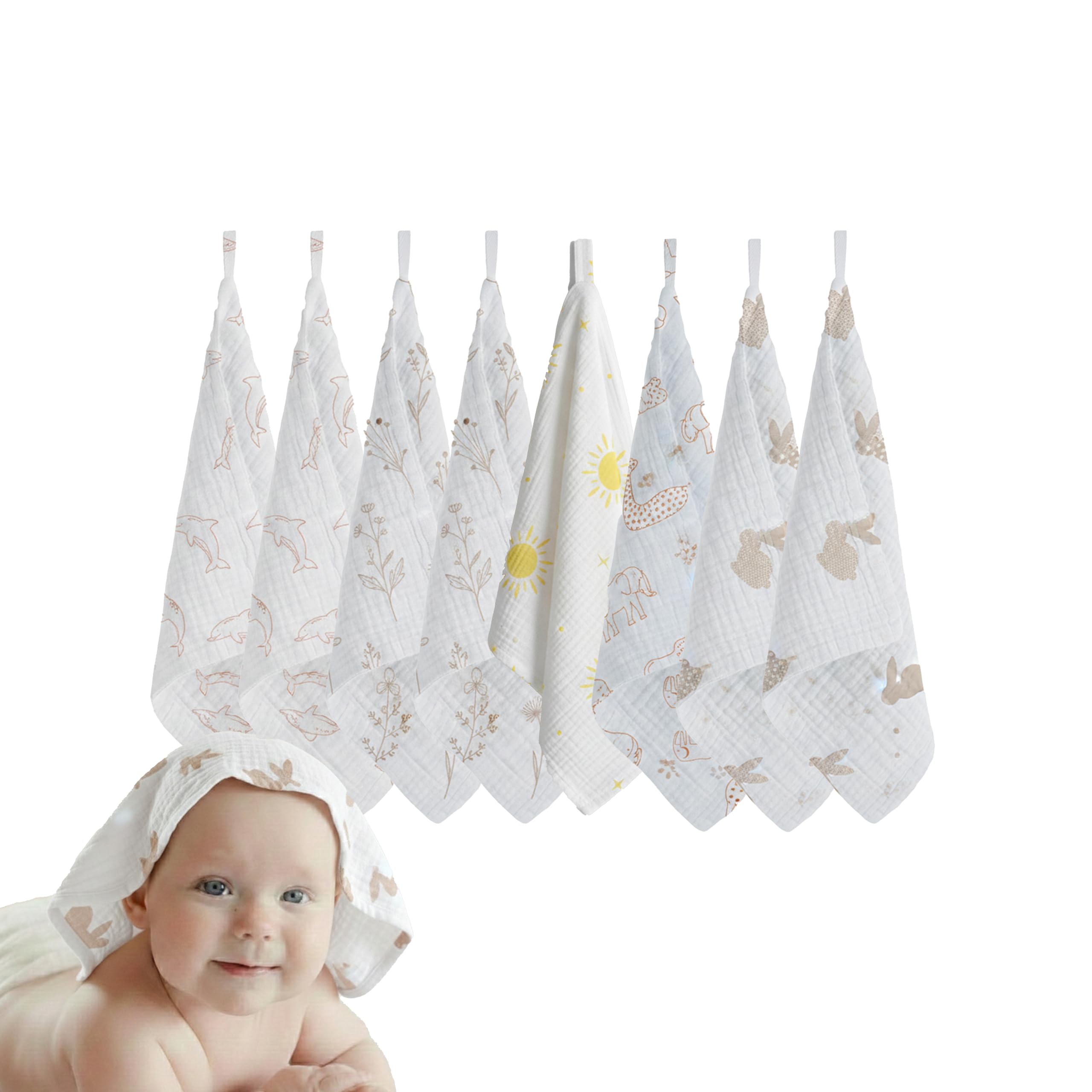 LILY O LAUREL Muslin Baby Washcloths for Newborns, Pack of 8, 11"x11", Super Soft Cotton, Absorbent and Gentle, Baby Cotton Wipes, Baby wash Cloths