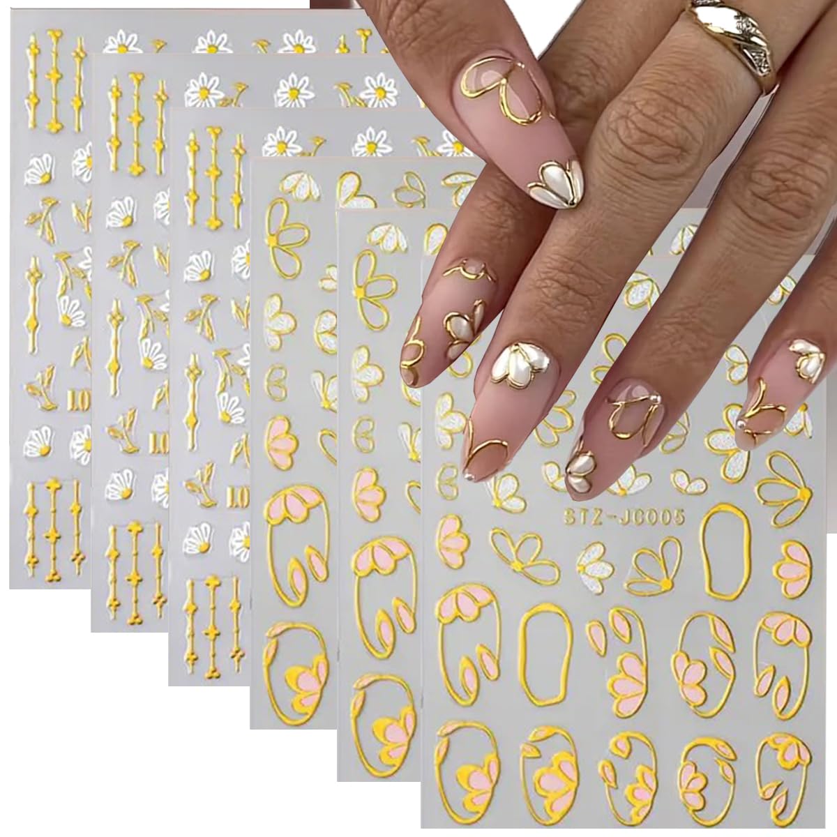 Flower Nail Art Stickers Decals 3D Golden Flowers Nail Stickers 6PCS Golden Edge Camellia Petals Daisy Floral Self-Adhesive Nail Decals Manicure