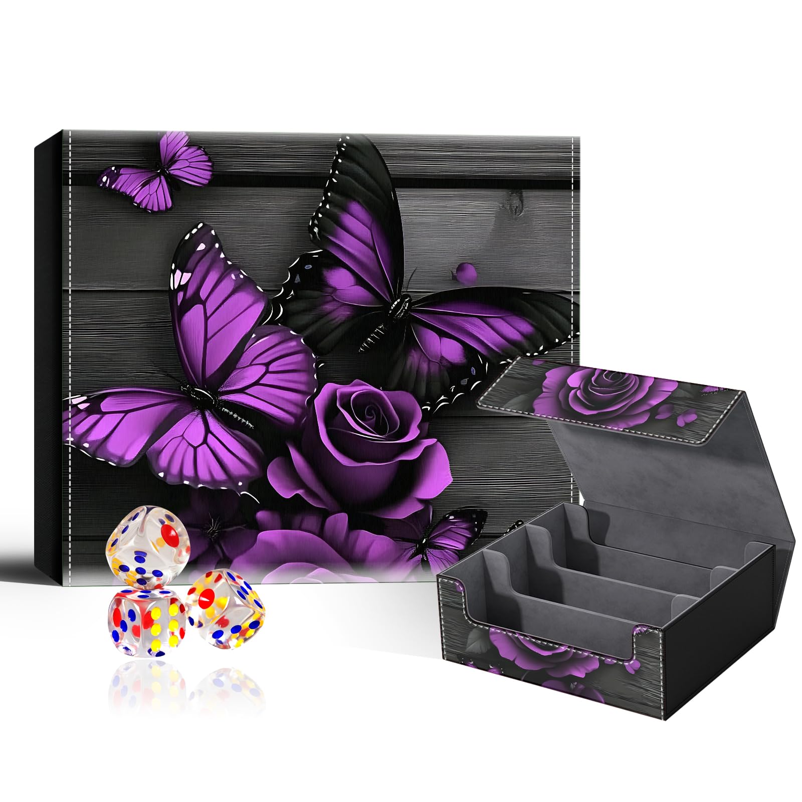 VOGDMKJG Trading Card Deck Box Fit 1800+ Single Sleeved Cards,PU Leather Magnetic Closure Card Storage Box With 3 Dice For MTG/TCG/PTCG/Magic/Sport Card Storage Case Large 3 ROW Design Purple Rose