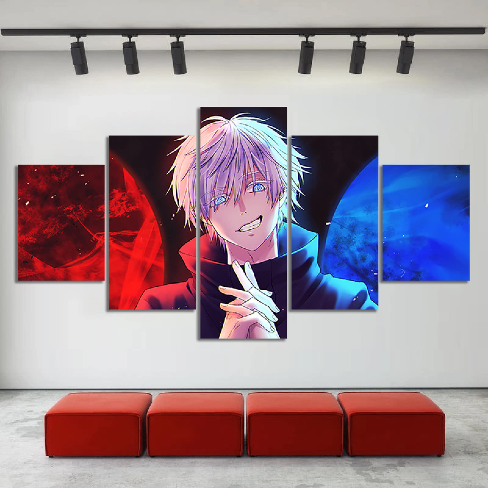 Tableau 5 Panneaux Anime Jujutsu Kaisen Gojo Satoru - Impression Sur Toile Avec Cadre, 100x50 Cm, Prêt à Accrocher