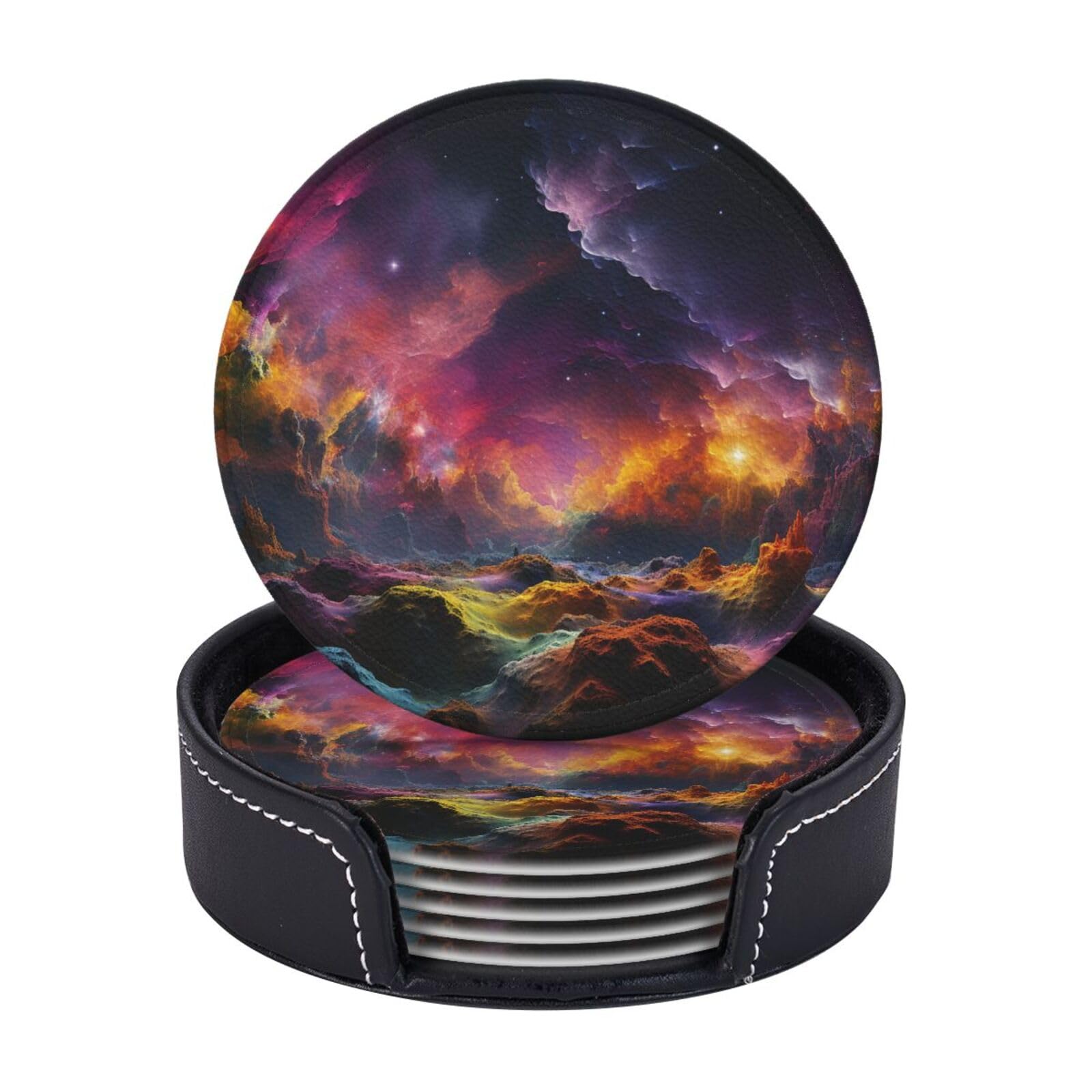 6PCS Drink Coasters with Holder, 4" Leather Coasters for Drinks, Colorful Outer Space Cup Coasters for Coffee Table Decor, Non-Slip Drinking Cup Mat for Hot or Cold Drink