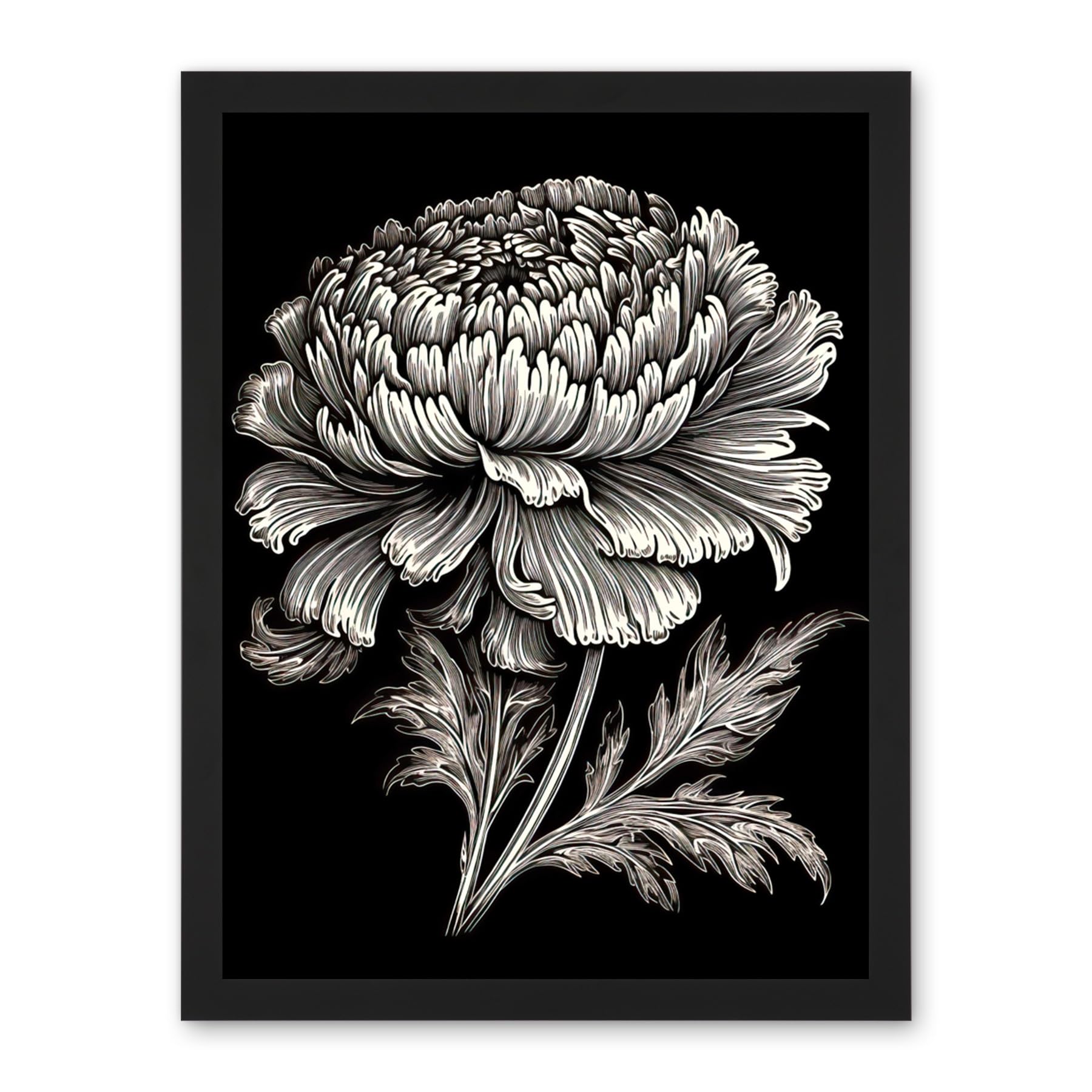 Artery8 A Single Marigold Flower Black and White Linocut Artwork Framed Wall Art Print 18X24 Inch