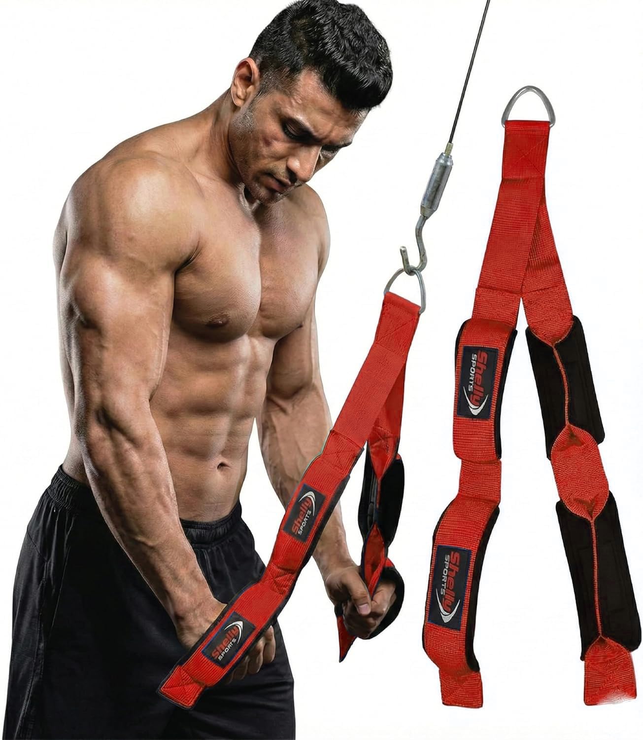 Shelly Triceps Rope Gym Cable Machine Attachments Anti-Slip Triceps Strap 2 Loops Neoprene Handles Pulldown Rope for Pushdowns Pulls Crunches Overhead Extensions Biceps Curl (Red)