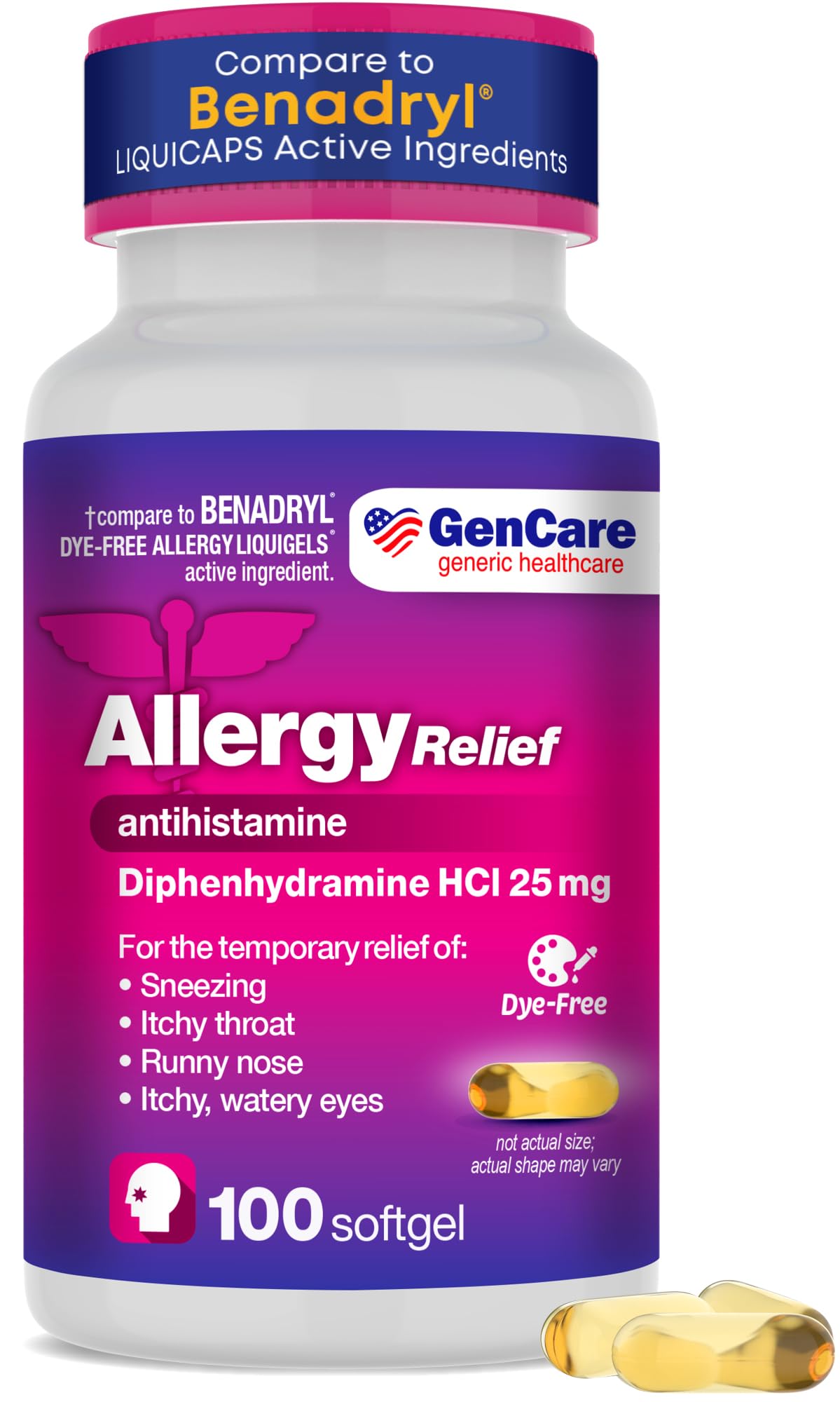 GenCare Diphenhydramine 25mg Allergy Relief Dye Free Liquid Softgels, 100 Count