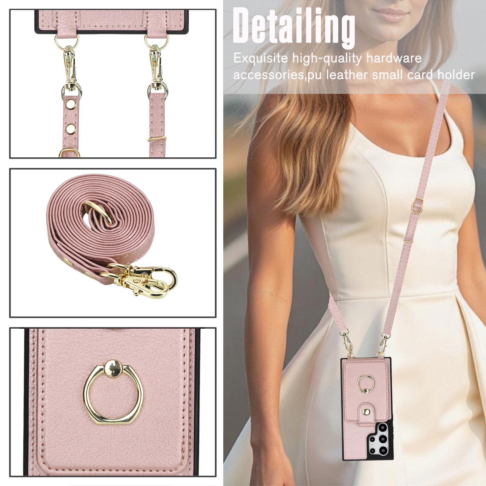 Custodia a portafoglio per Samsung Galaxy S24 Ultra 5G, chiusura magnetica rimovibile, con anello, cavalletto a tracolla, compatibile con MagSafe RFID Blocking S24Ultra, da donna, oro rosa