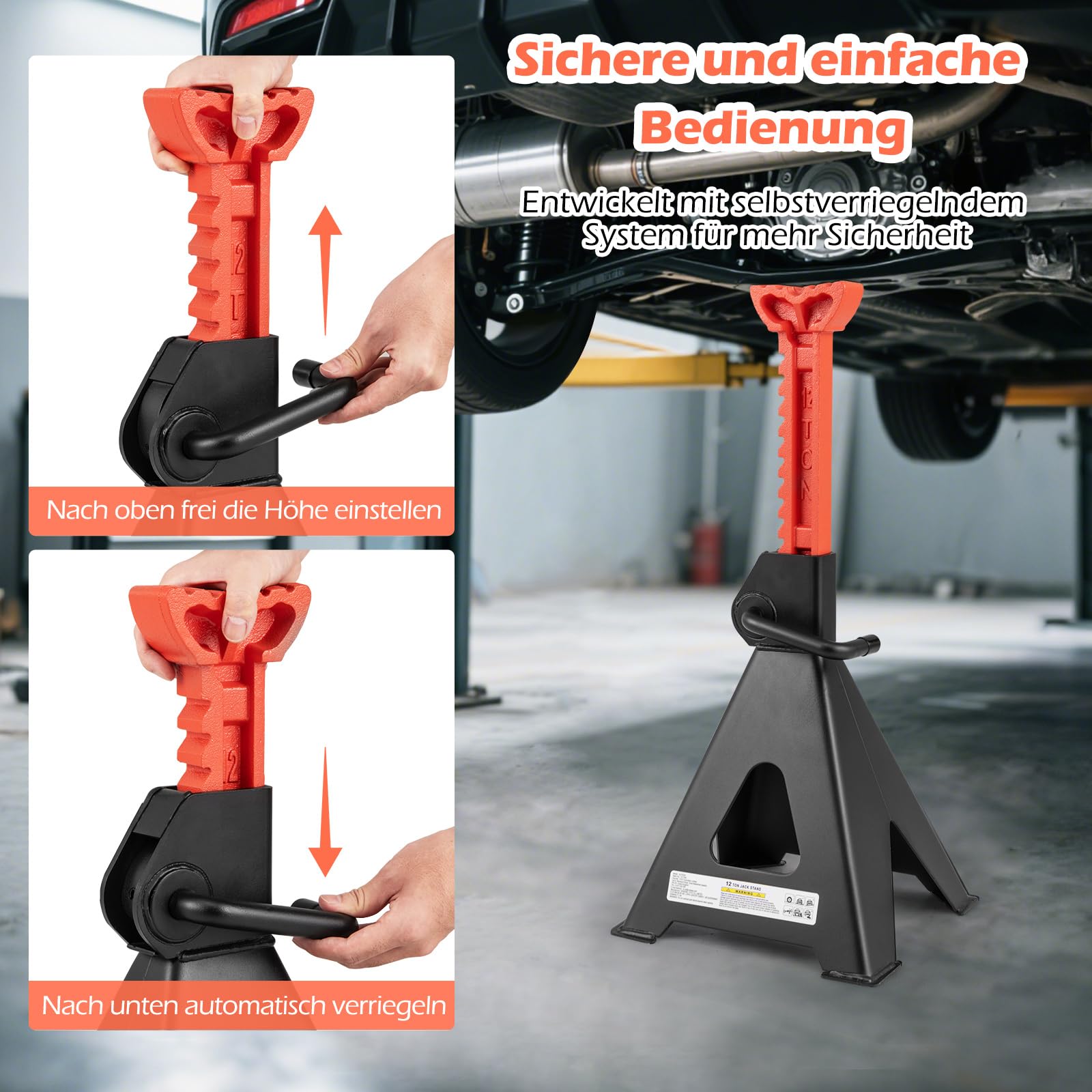 GYMAX 2er Set Unterstellbock, Stützbock bis 12 t, Böcke höhenverstellbar 48-75 cm, automatische Verriegelung, Automotive Unterstellbock für Reparaturen, Wartung und Reifenwechsel