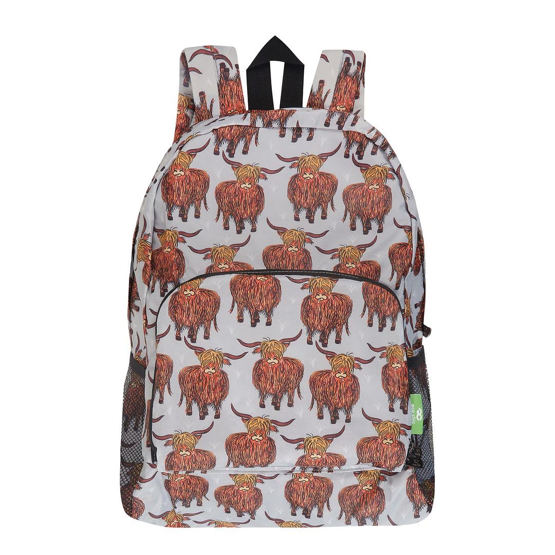 ECO CHIC Lightweight Foldable Water Resistant Backpack Rucksack Folds into Pouch for Storage (Highland Cow Grey)