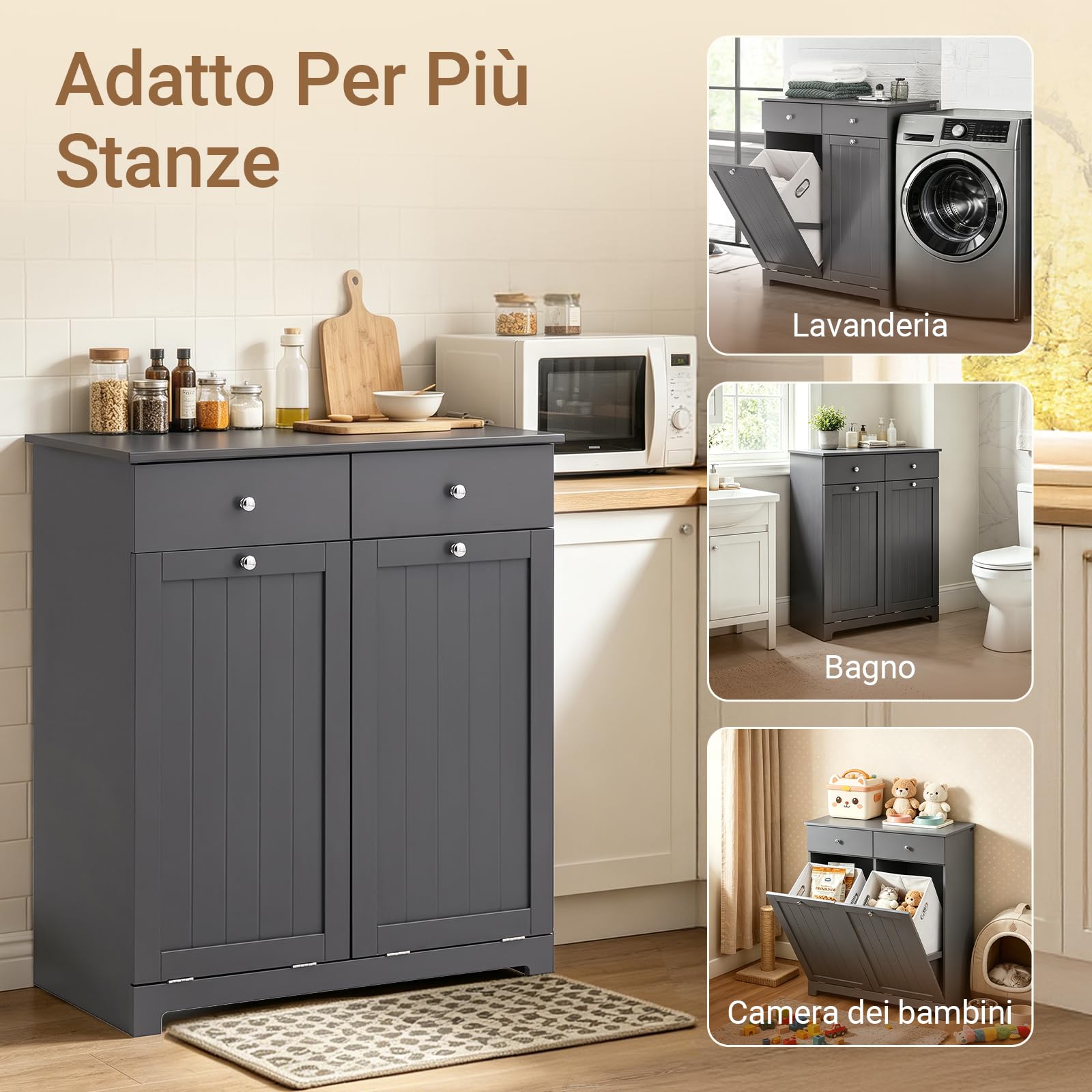SoBuy Mobile Spazzatura Cucina con Pattumiera Integrata 78x38x90cm Cucina | Armadietto Raccolta Differenziata con 2 Cassetti E 2 Sacchi da 45L, Chiusura Silenziosa, Grigio, BZR33-II-DG