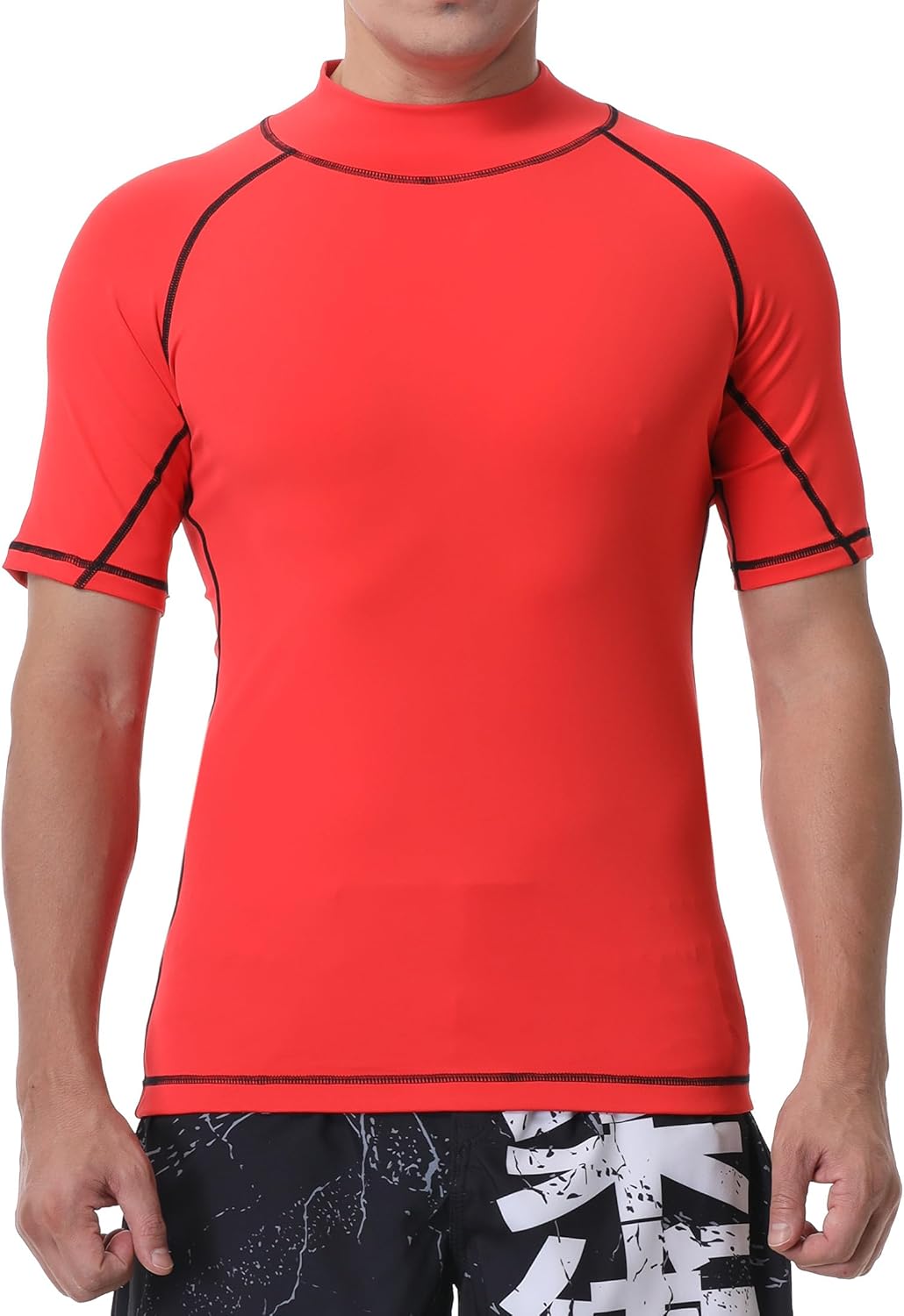 Red Plume Men's Compression Mock Turtleneck Short Sleeve Shirts High Neck Quickly Dry Workout Tops Athletic Running Cycling