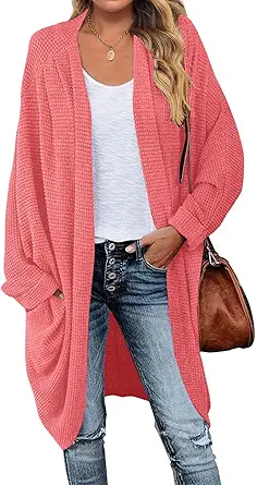 MEROKEETY Women's 2023 Fall Waffle Knit Batwing Long Sleeve Cardigan Loose Open Front Sweater Coat