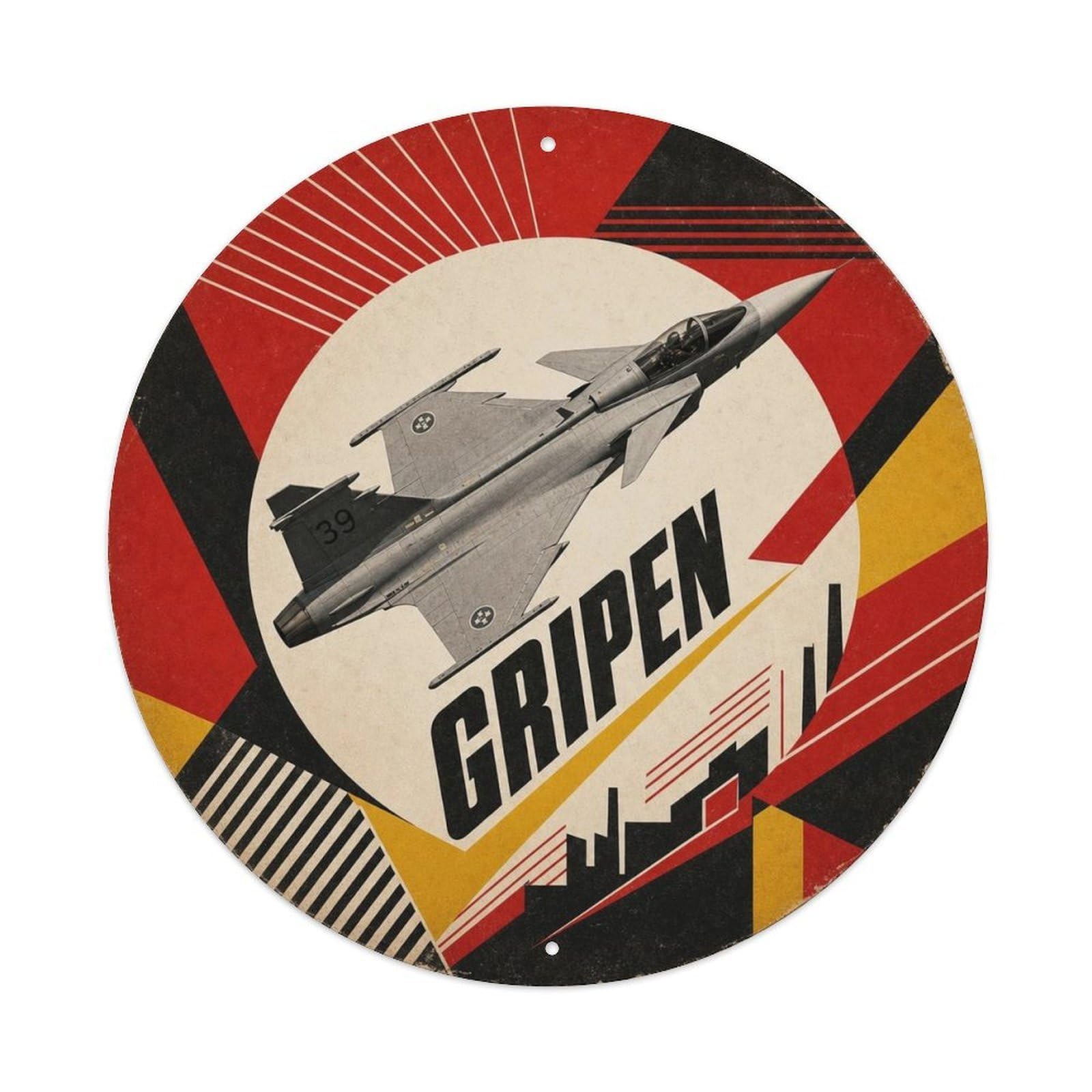 JAS 39 Gripen Military Nordic Constructivist Classic Metal Tin Sign Plaque Wall Decor for Cafe, Man Cave, Club Bar, Office, Home Garden Round Metal Poster 8x8Inch