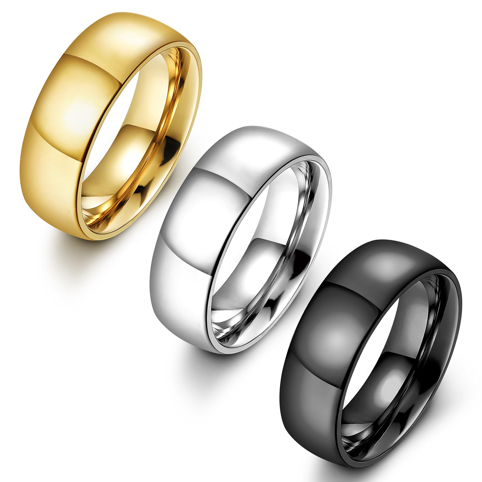 FIASASO 3Pcs Stainless Steel Rings for Men 6MM Wedding Bands for Women Mens 14K Gold Plated Silver Plated Black Ring Set Domed High Polish Comfort Fit
