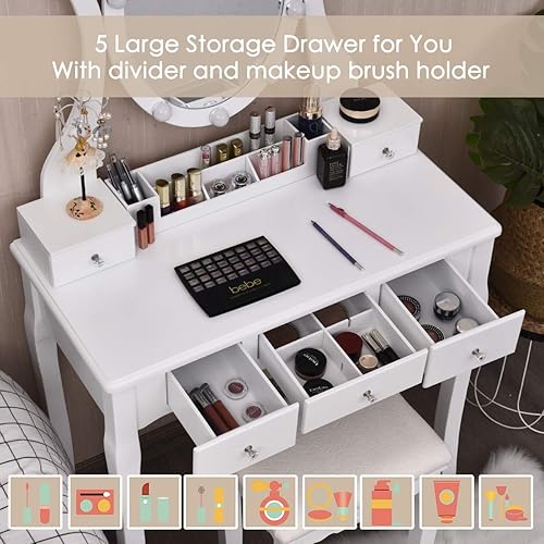Miniatura 3 de CHARMAID Mesa de tocador de maquillaje con espejo iluminado, escritorio de tocador con 10 luces LED, brillo ajustable, 5 cajones y organizador de