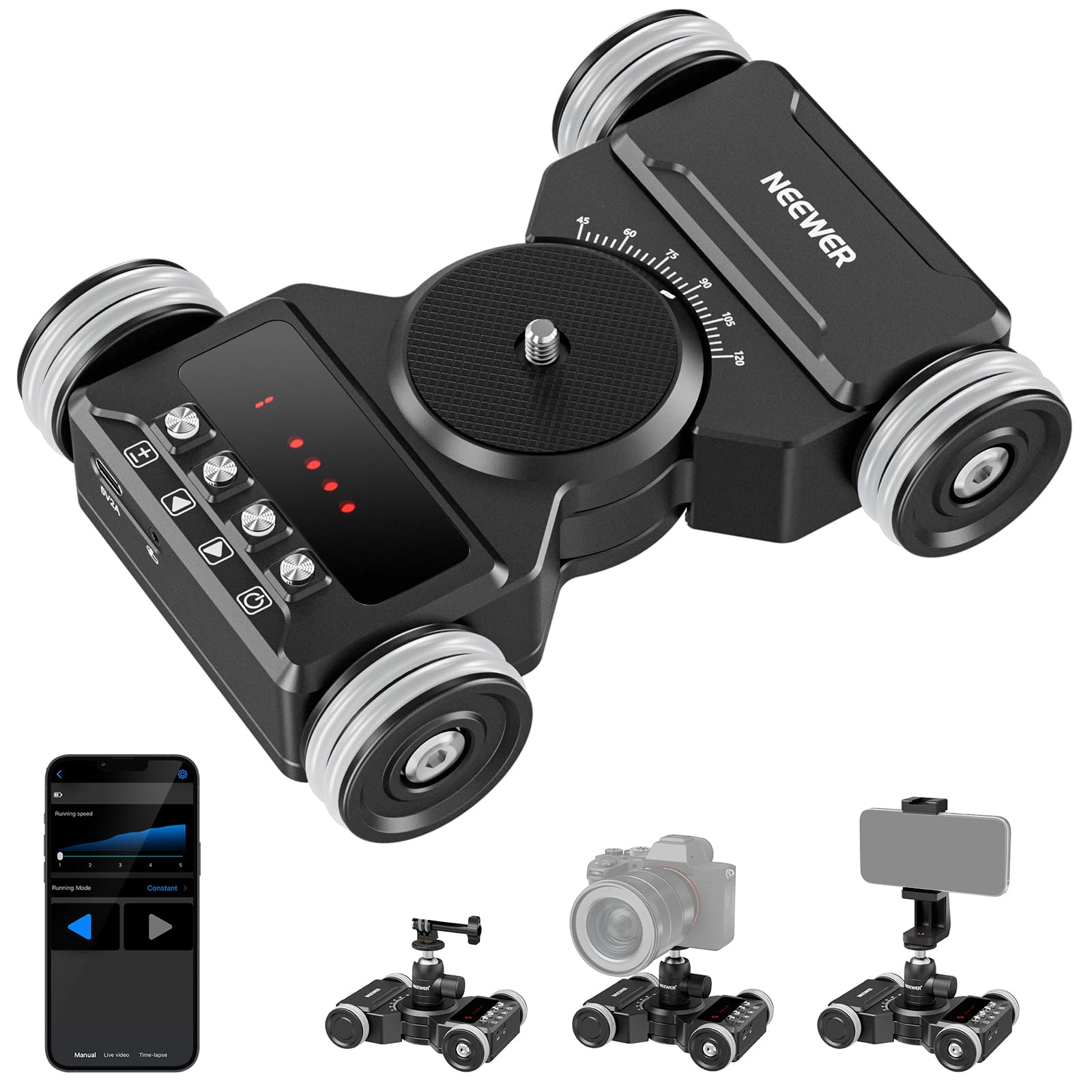 NEEWER Kit Motorized Camera Dolly Mejorada App Control,Batería 5Hrs Funcionamiento,Rótula Bola/Soporte Teléfono/Cámara Acción Compatible con GoPro iPhone Android DSLR,DL300(Solo Piso Liso Escritorio)