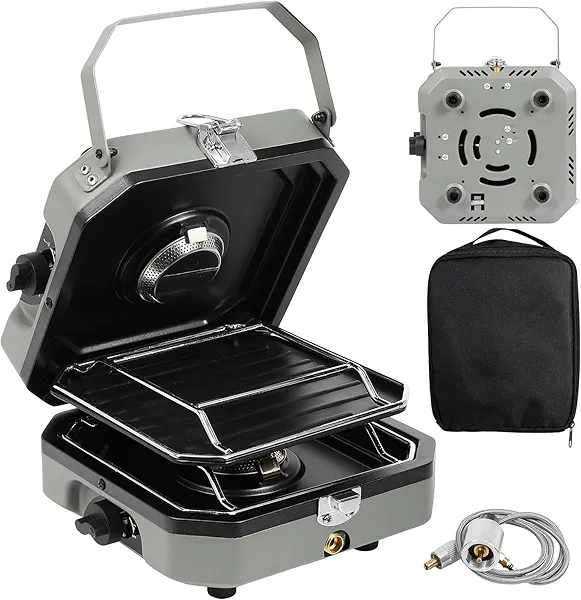 2-Burner Foldable Camping Stove with Griddle and Carrying Bag,16000 BTU Portable Propane Camp Stove with 2 Adjustable Burners & Piezo Ignition, for Camping, Home Backyard, Frying Turkey, Green