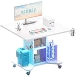 Pamray Small Rolling Gaming Desk with Led Lights Power Outlets and Storage Pegboard&comma; Small Spaces Compact PC Computer Table White