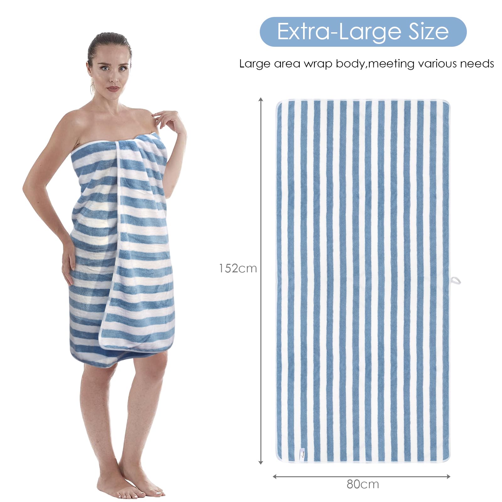 VIVOTE Serviette de Bain en Microfibre Douce et Moelleuse, très absorbante et à séchage Rapide, à Rayures, pour Adultes (80 x 152 cm), Bleu