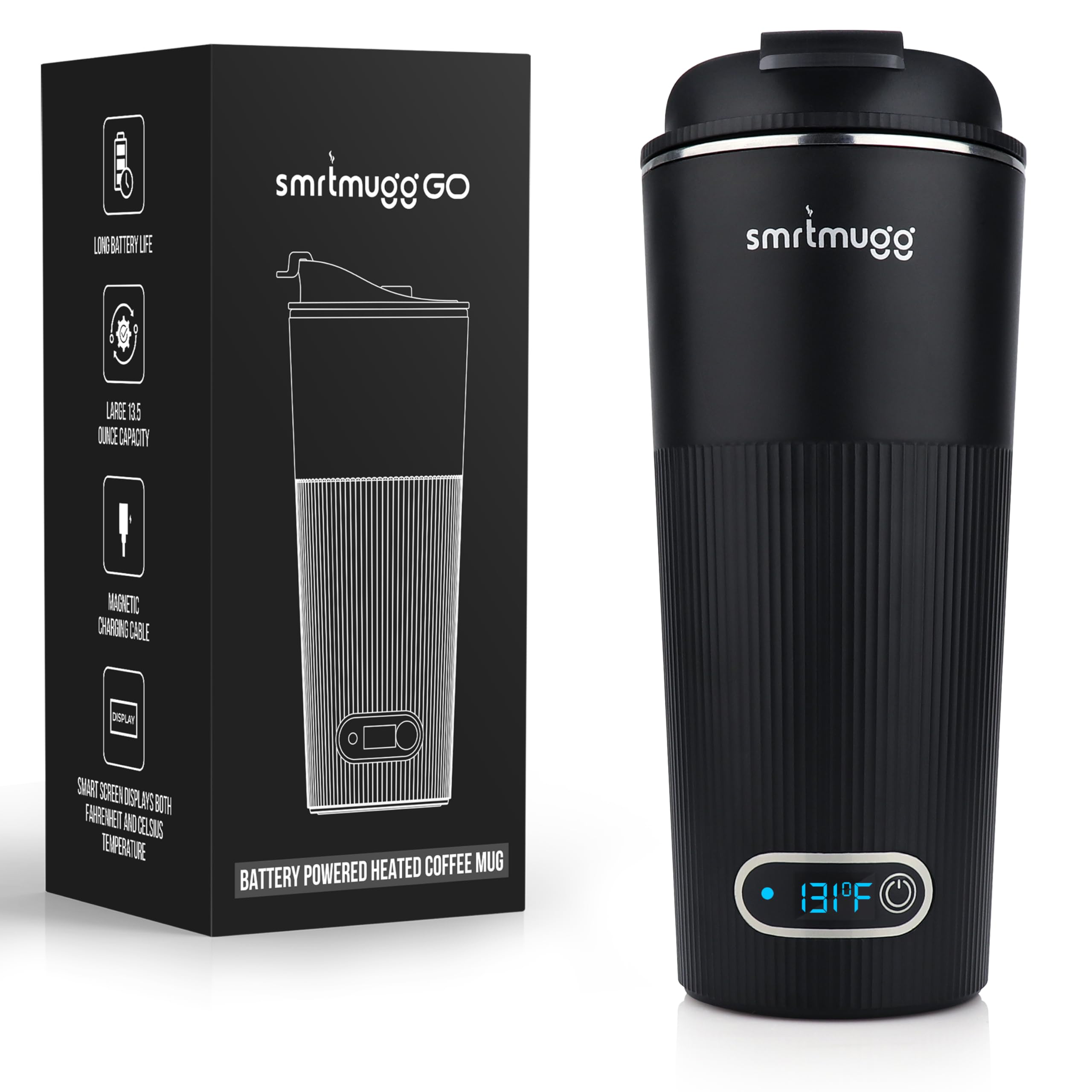 GO Heated Coffee Mug, Travel Mug, 13.5 OZ. Smart Mug, Battery Powered Heated Coffee Mug, Great for Coffee and Tea, Snap on Magnetic Charging Cord, New and Improved (Black)
